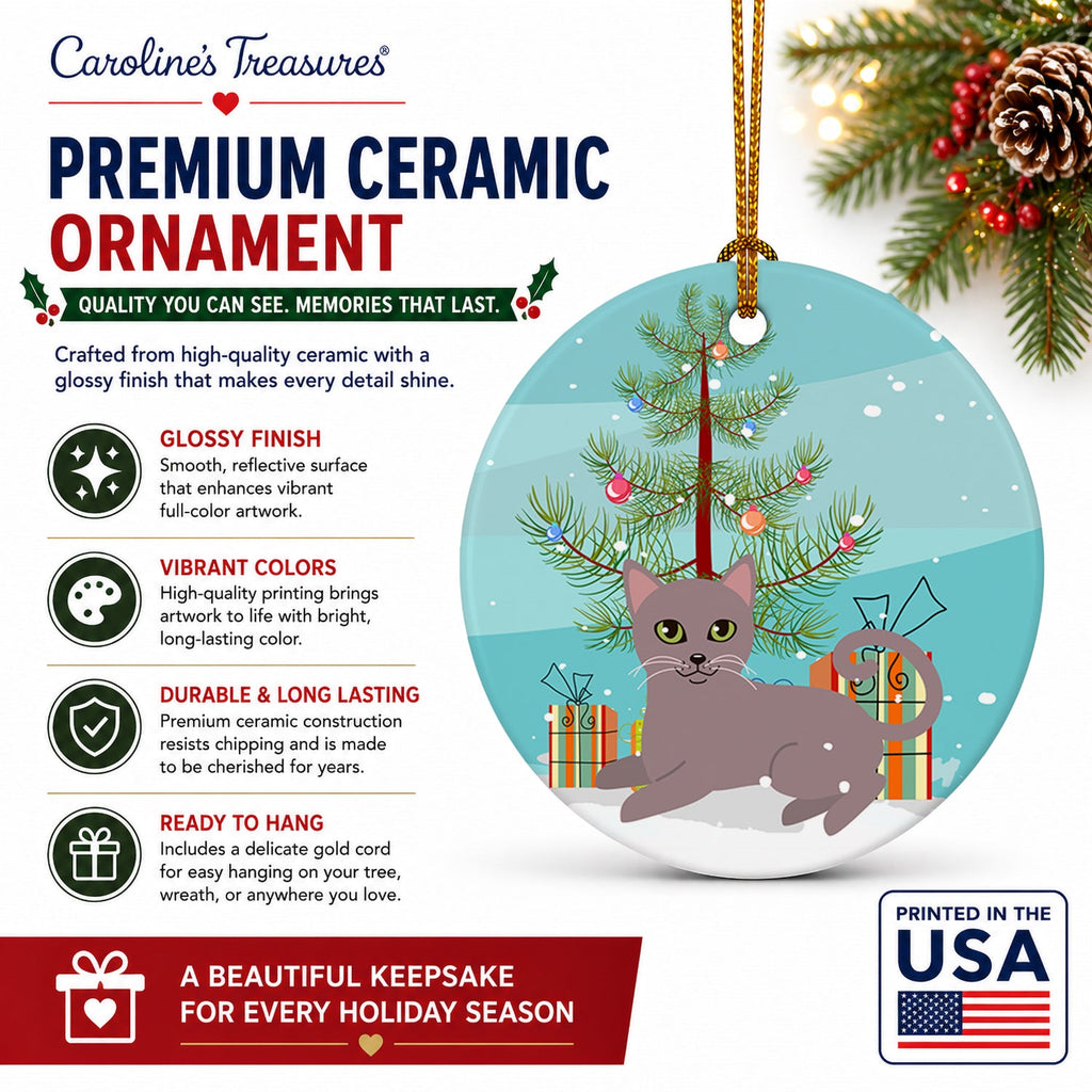 Russian Blue Cat Merry Christmas Tree Ceramic Ornament Christmas Tree Hanging Decorations for Home Christmas Holiday, Party, Gift, 3 in, Multicolor