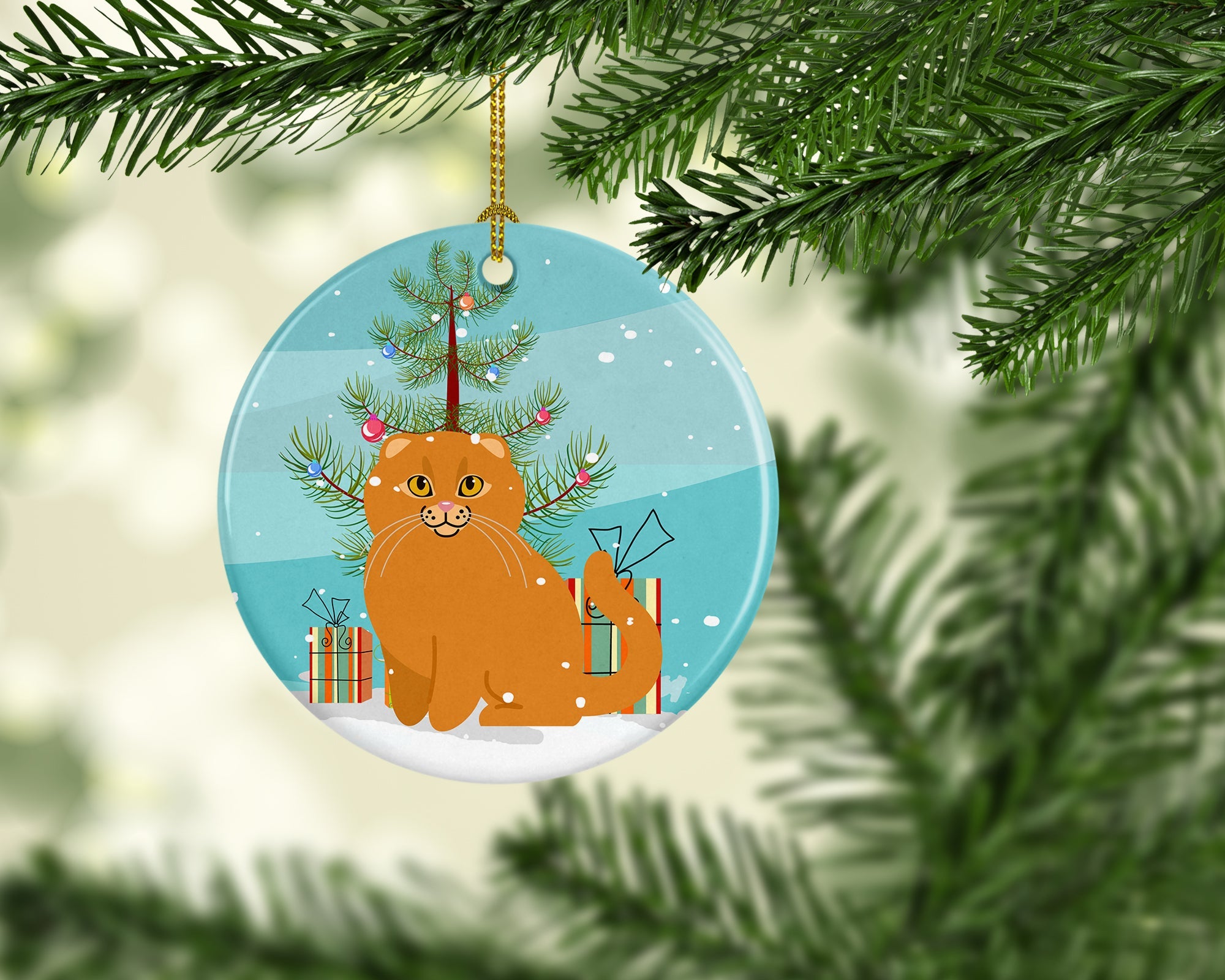 Scottish Fold Cat Merry Christmas Tree Ceramic Ornament Christmas Tree Hanging Decorations for Home Christmas Holiday, Party, Gift, 3 in, Multicolor