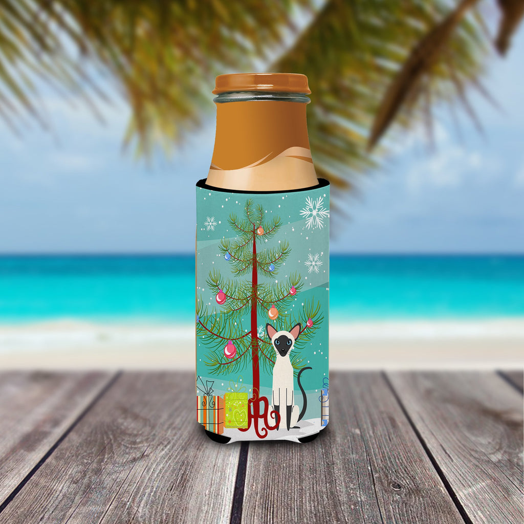Siamese Cat Merry Christmas Tree Slim Can Hugger , Insulated Foam Hugger for 12 oz Slim Cans, Beer Bottles & Water Bottles, Printed in USA