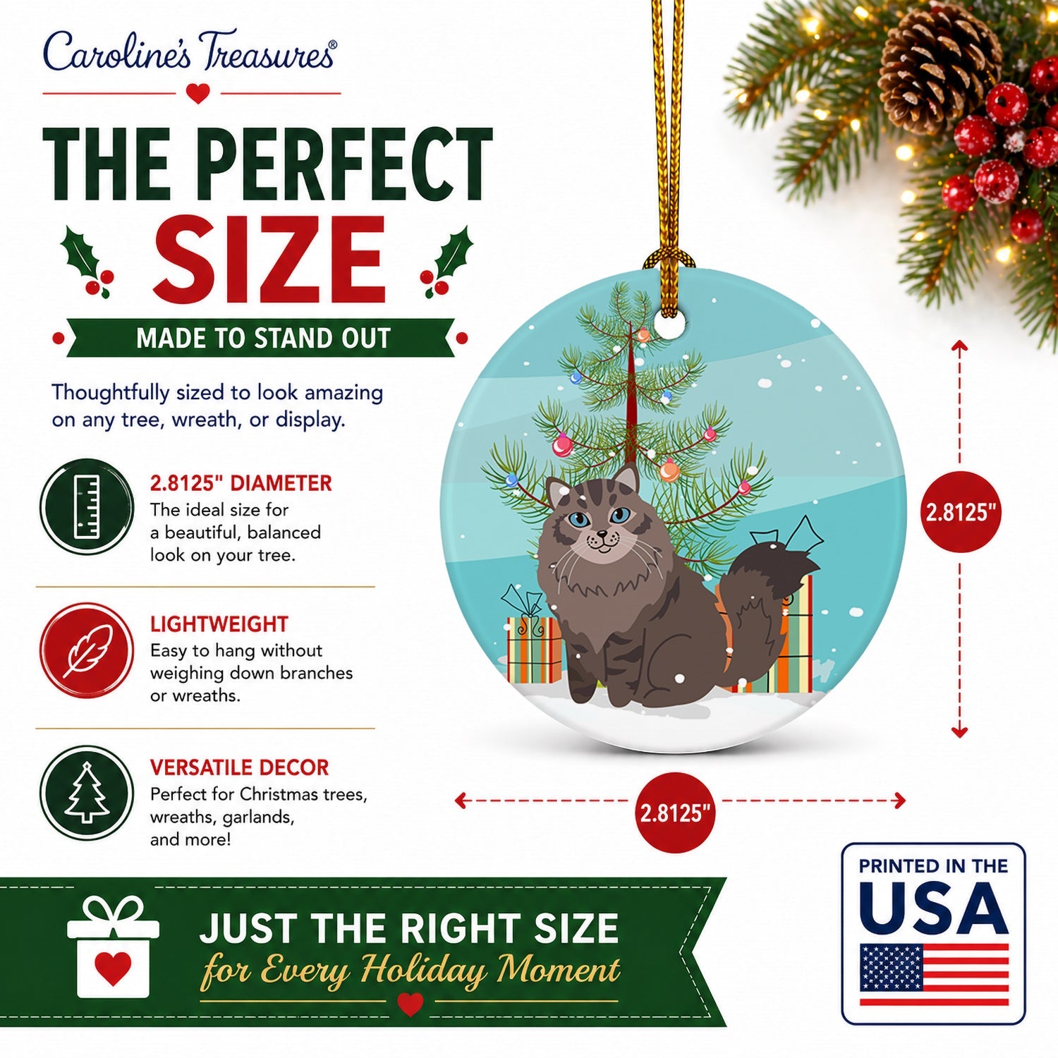 Siberian Cat Merry Christmas Tree Ceramic Ornament Christmas Tree Hanging Decorations for Home Christmas Holiday, Party, Gift, 3 in, Multicolor