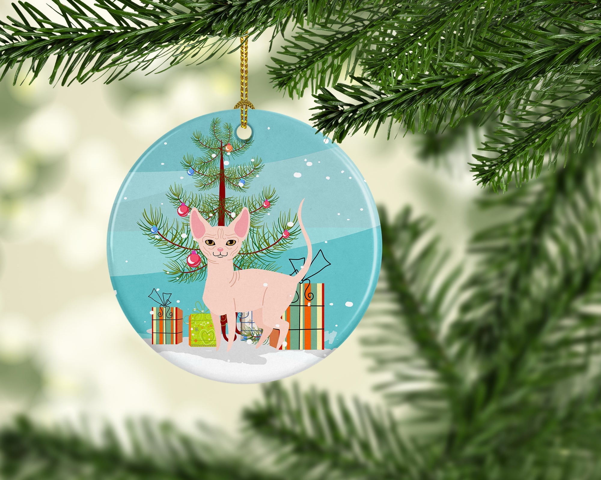 Sphynx Cat Merry Christmas Tree Ceramic Ornament Christmas Tree Hanging Decorations for Home Christmas Holiday, Party, Gift, 3 in, Multicolor