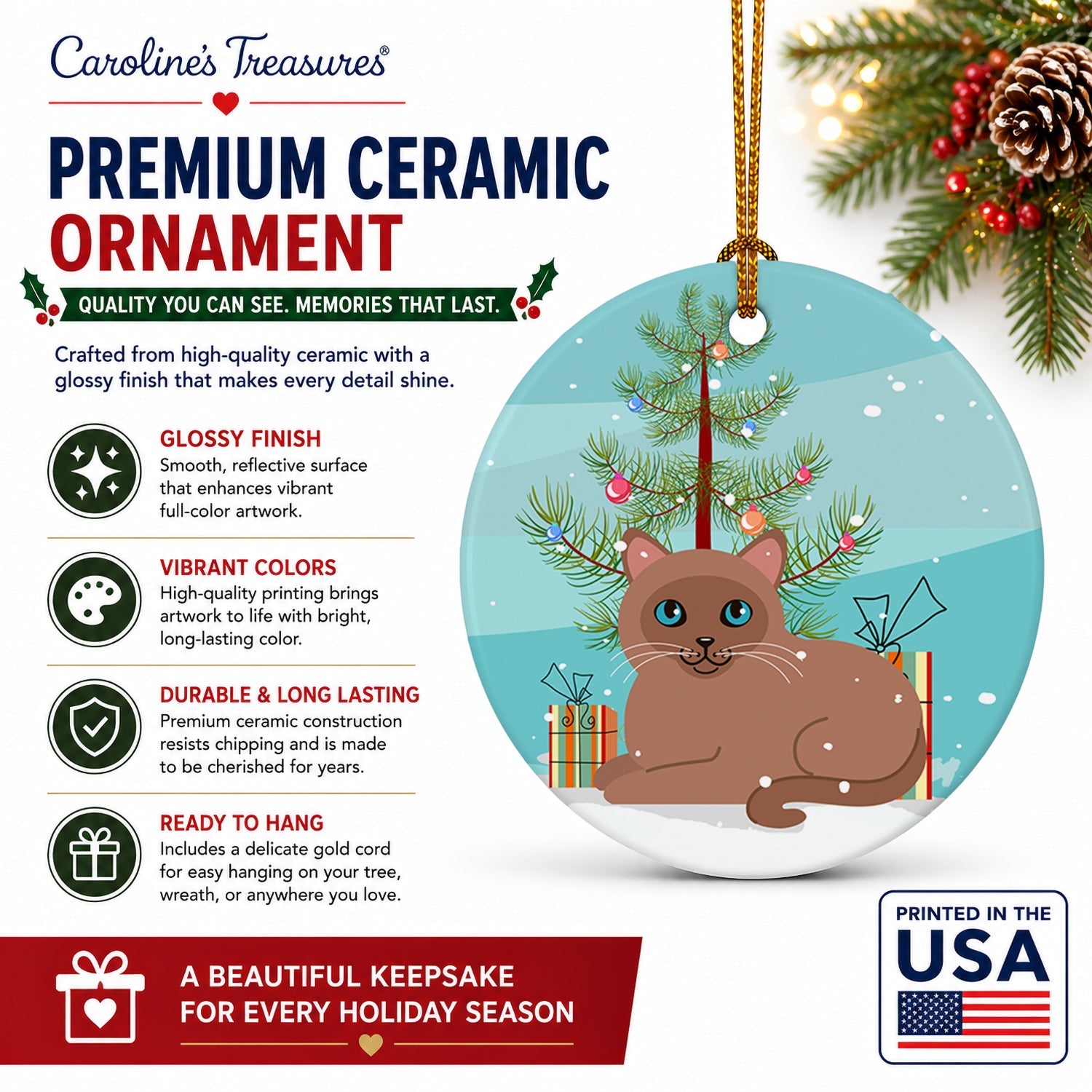 Tonkinese Cat Merry Christmas Tree Ceramic Ornament Christmas Tree Hanging Decorations for Home Christmas Holiday, Party, Gift, 3 in, Multicolor