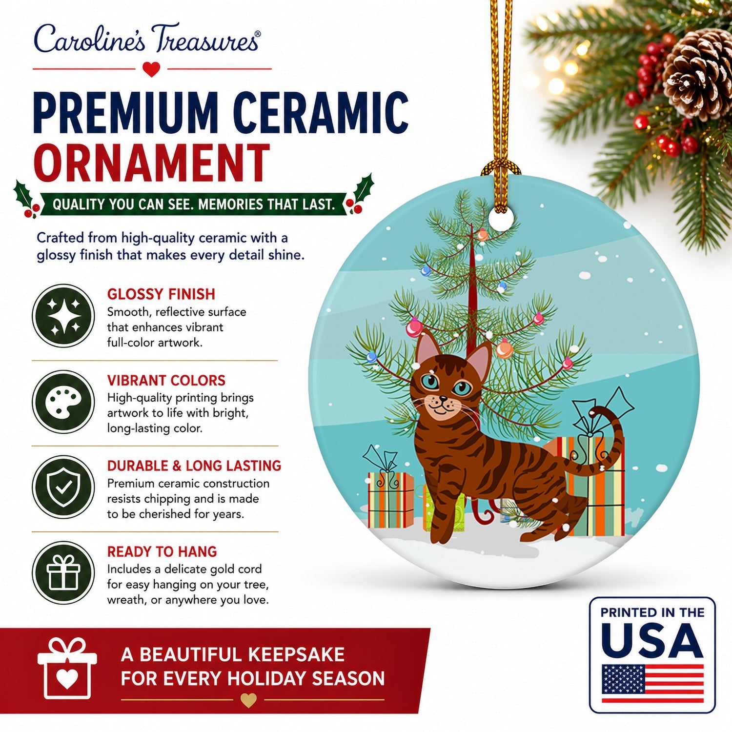 Toyger Cat Merry Christmas Tree Ceramic Ornament Christmas Tree Hanging Decorations for Home Christmas Holiday, Party, Gift, 3 in, Multicolor