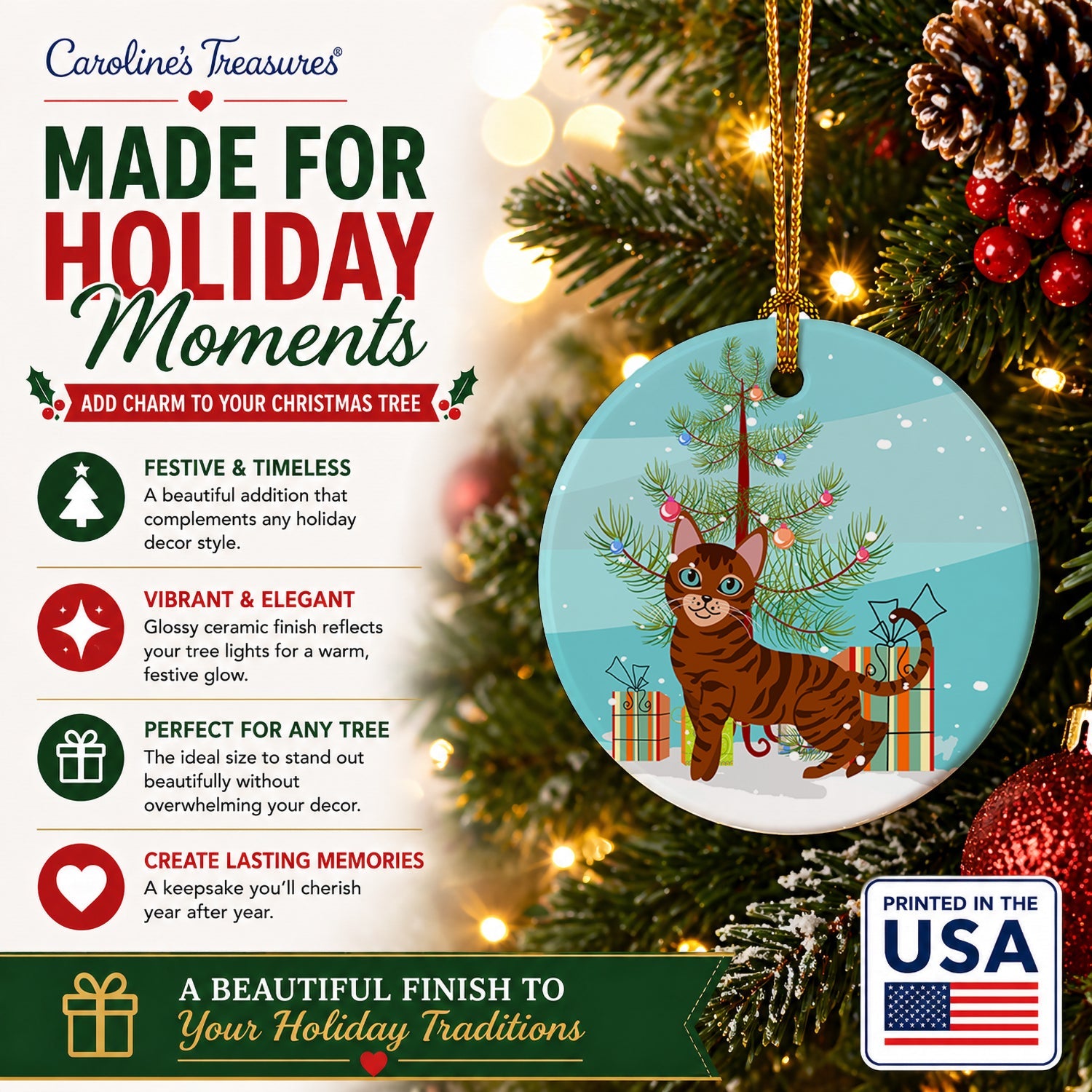 Toyger Cat Merry Christmas Tree Ceramic Ornament Christmas Tree Hanging Decorations for Home Christmas Holiday, Party, Gift, 3 in, Multicolor