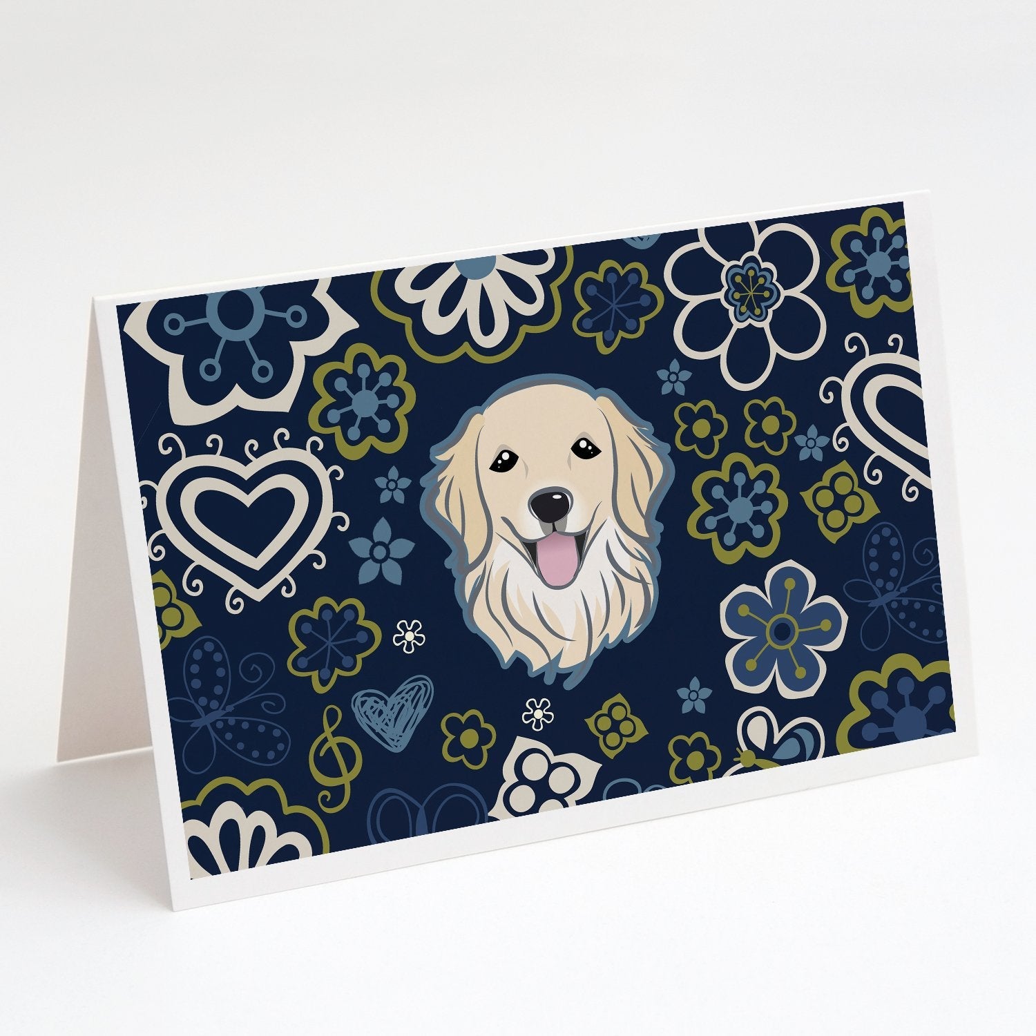 Blue Flowers Golden Retriever Greeting Cards Pack of 8 Blank Cards with Envelopes Whimsical A7 Size 5x7