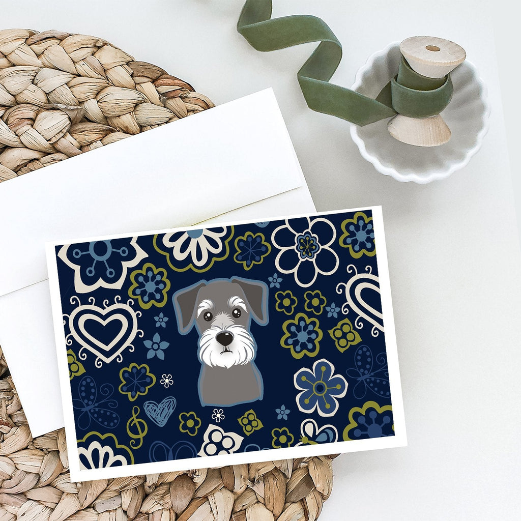 Blue Flowers Schnauzer Greeting Cards Pack of 8 Blank Cards with Envelopes Whimsical A7 Size 5x7