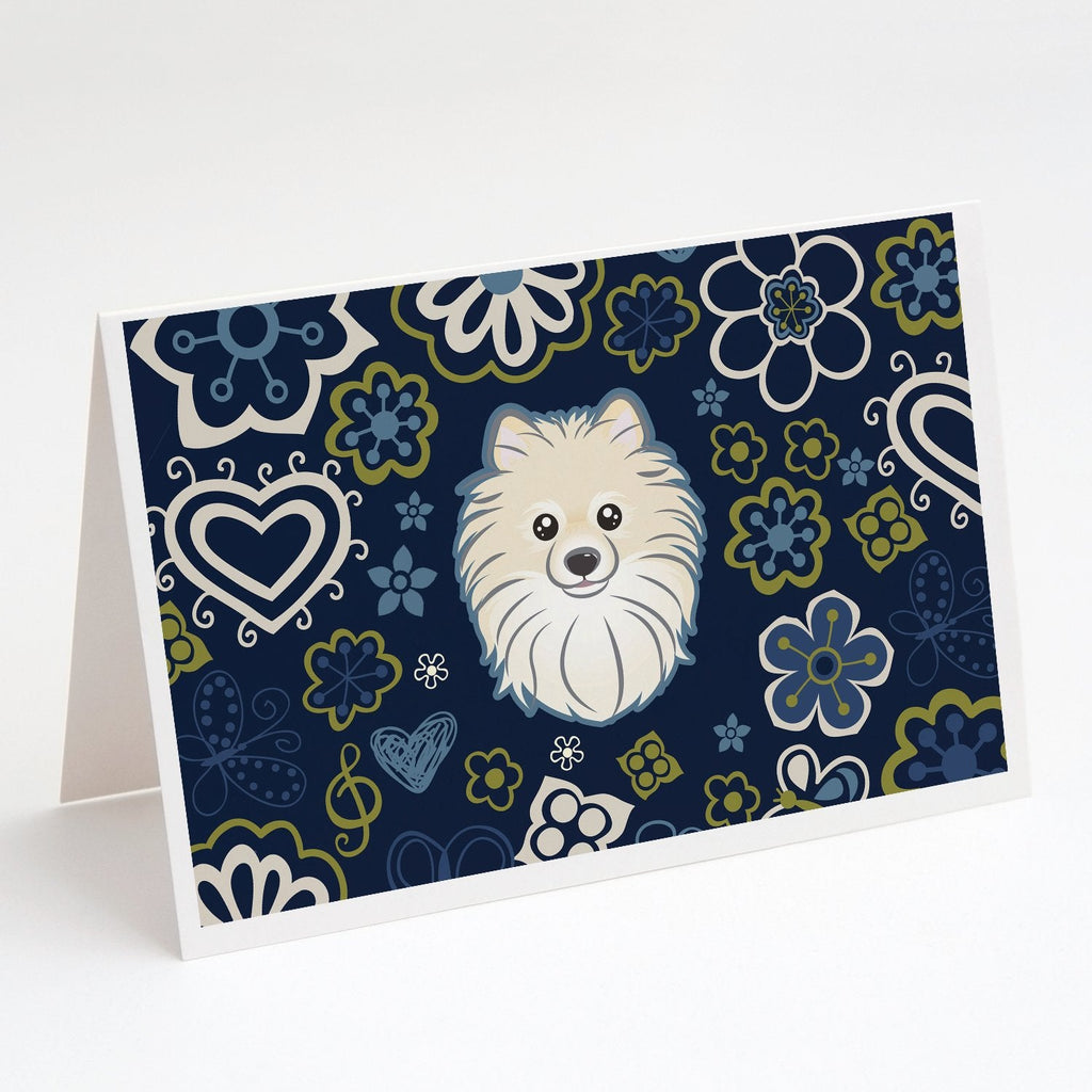 Blue Flowers Pomeranian Greeting Cards Pack of 8 Blank Cards with Envelopes Whimsical A7 Size 5x7