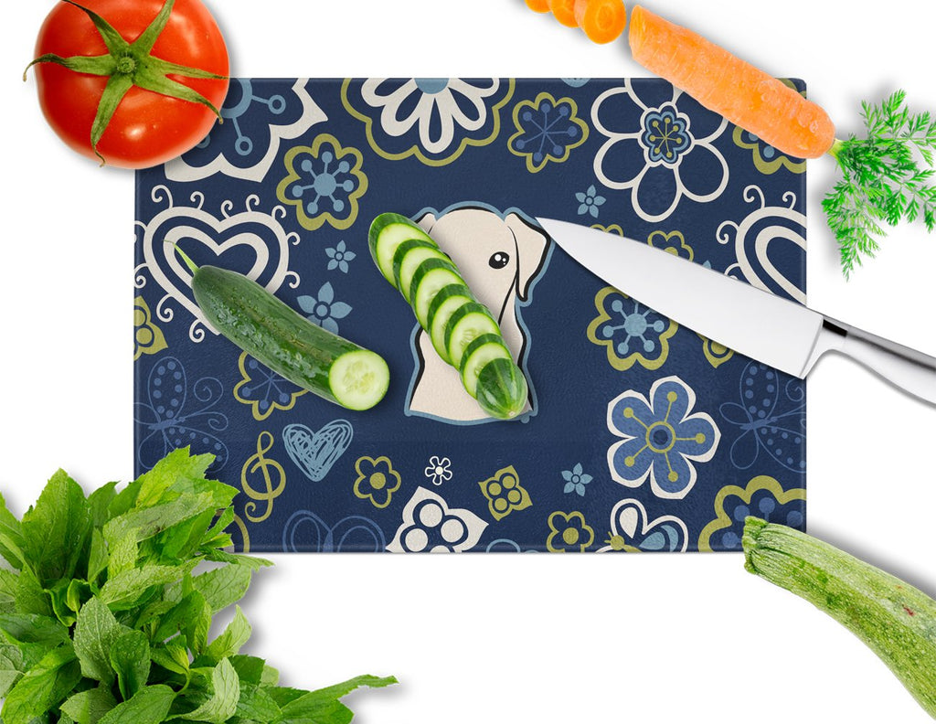 Blue Flowers Yellow Labrador Cutting Board Tempered Glass Kitchen Cutting Surface, Heat Resistant Chopping, Non-Slip Feet, Food Prep & Serving