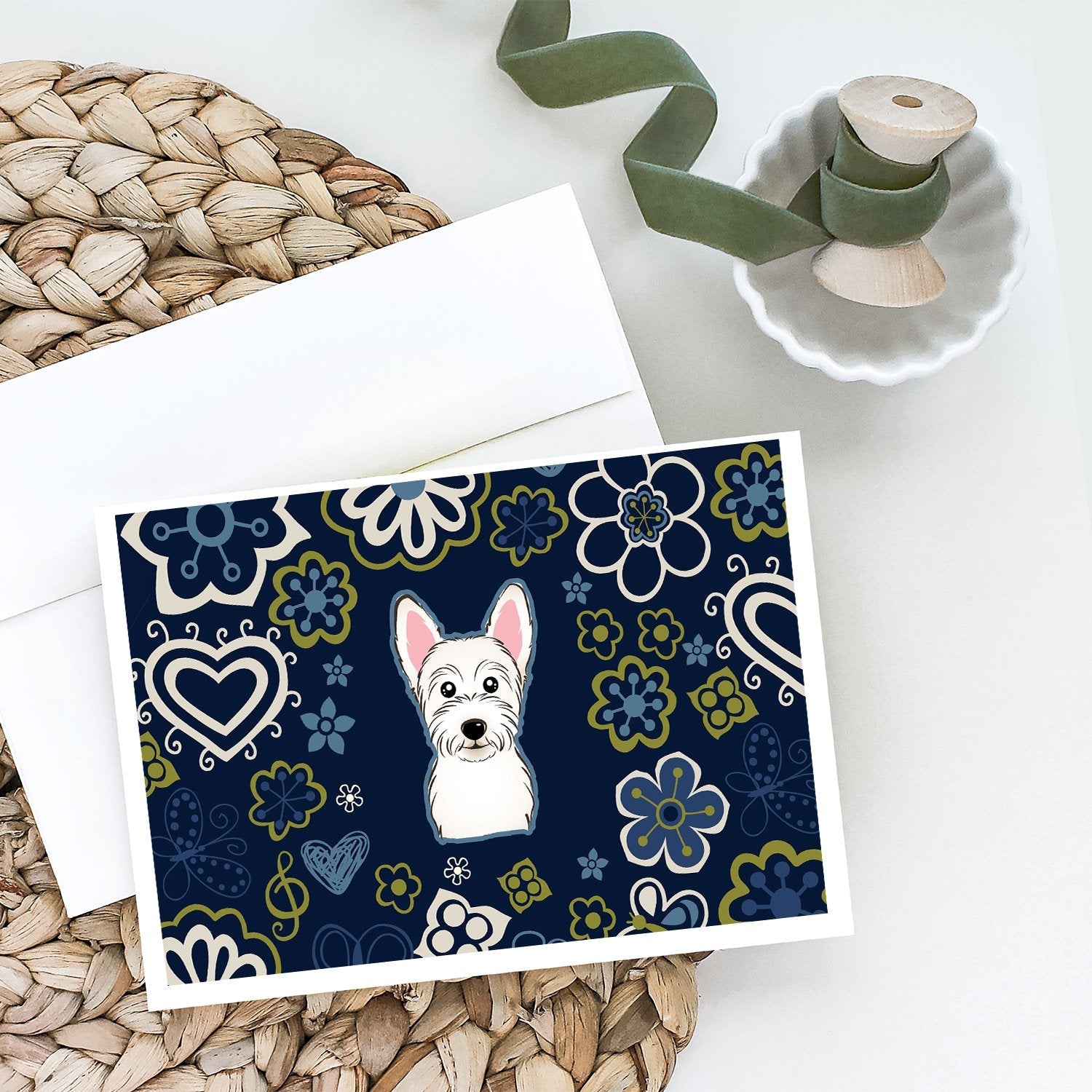 Blue Flowers Westie Greeting Cards Pack of 8 Blank Cards with Envelopes Whimsical A7 Size 5x7