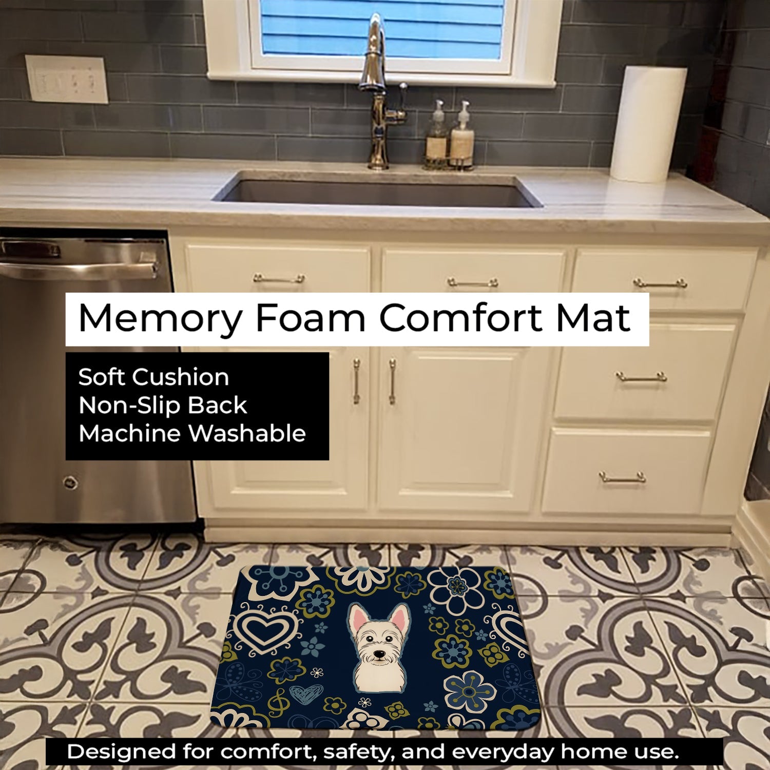 Blue Flowers Westie Memory Foam Kitchen Mat Machine Washable Anti-Fatigue Cushion Comfort Bath or Kitchen Rug