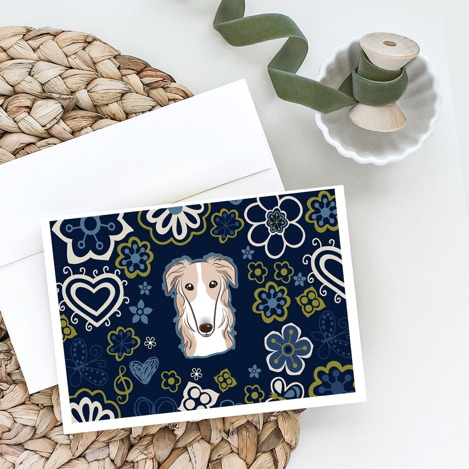 Blue Flowers Borzoi Greeting Cards Pack of 8 Blank Cards with Envelopes Whimsical A7 Size 5x7