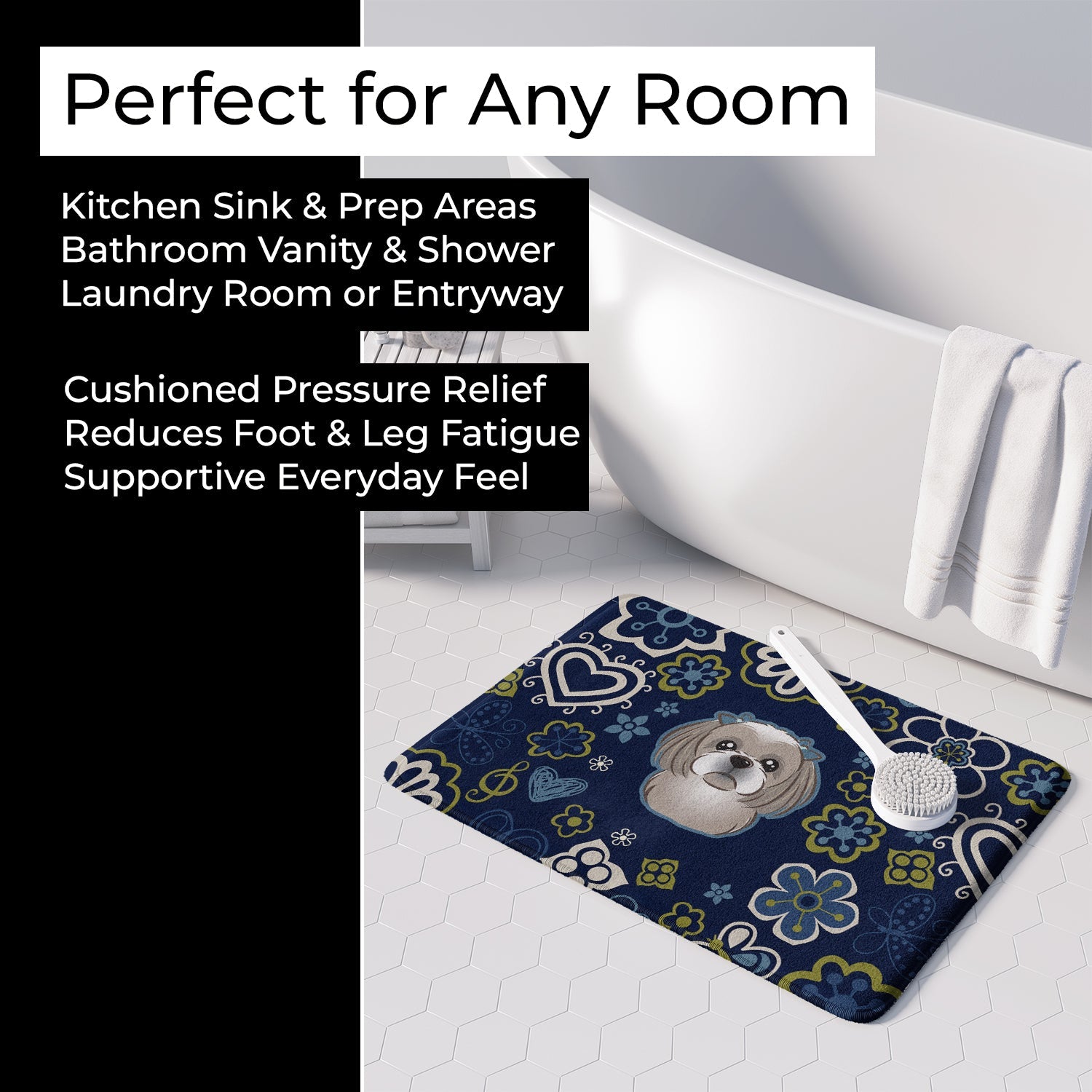Blue Flowers Gray Silver Shih Tzu Memory Foam Kitchen Mat Machine Washable Anti-Fatigue Cushion Comfort Bath or Kitchen Rug