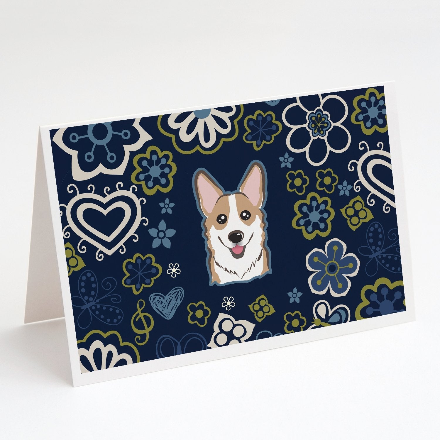 Blue Flowers Sable Corgi Greeting Cards Pack of 8 Blank Cards with Envelopes Whimsical A7 Size 5x7
