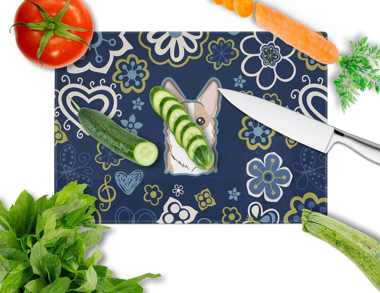 Blue Flowers Sable Corgi Cutting Board Tempered Glass Kitchen Cutting Surface, Heat Resistant Chopping, Non-Slip Feet, Food Prep & Serving