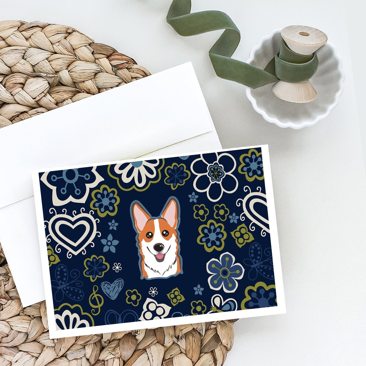 Blue Flowers Red Corgi Greeting Cards Pack of 8 Blank Cards with Envelopes Whimsical A7 Size 5x7