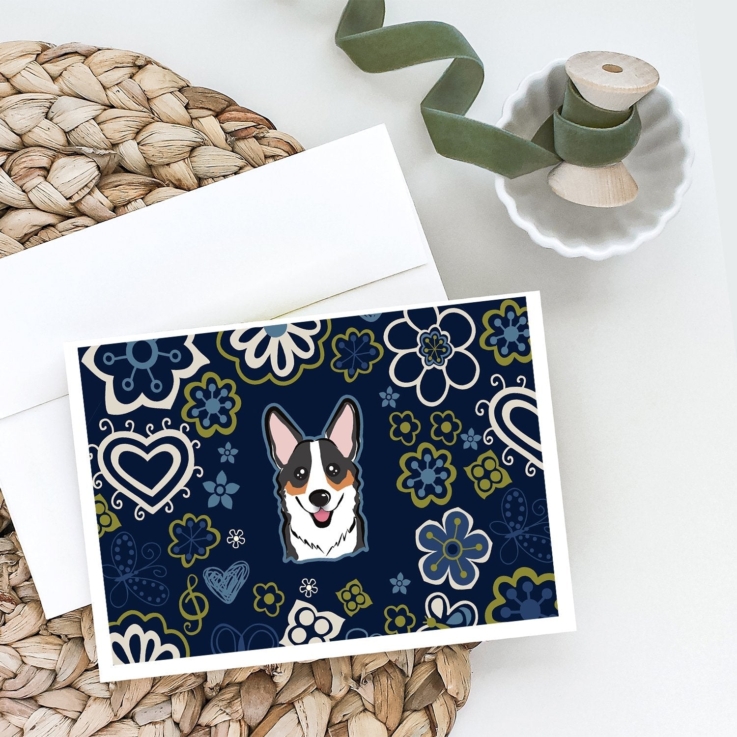 Blue Flowers Tricolor Corgi Greeting Cards Pack of 8 Blank Cards with Envelopes Whimsical A7 Size 5x7