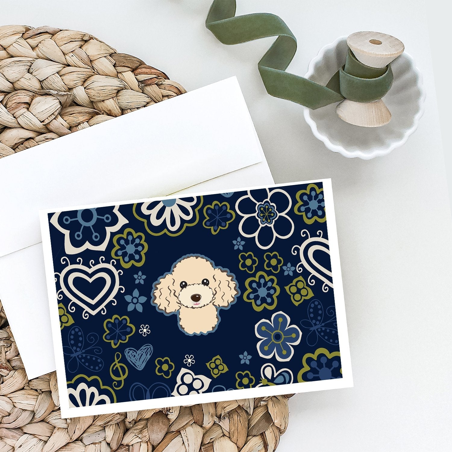 Blue Flowers Buff Poodle Greeting Cards Pack of 8 Blank Cards with Envelopes Whimsical A7 Size 5x7