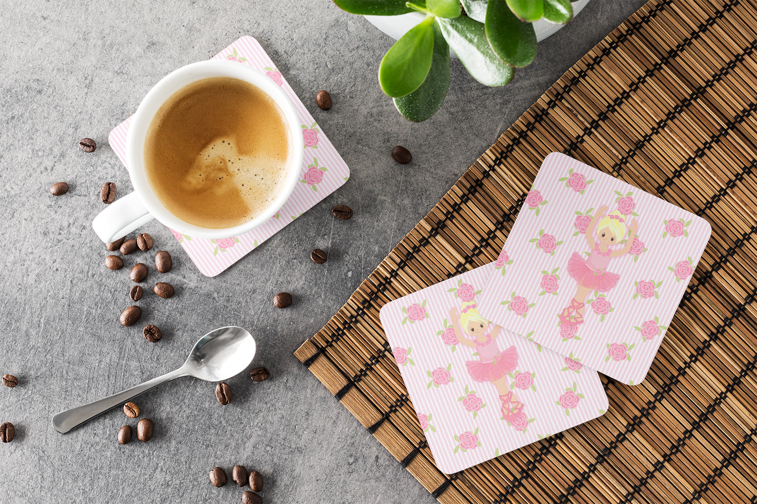 Ballerina Blonde Front Pose Foam Coasters Set of 4 Cup Coasters for Indoor Outdoor, Tabletop Protection, Anti Slip, Mouse pad Material