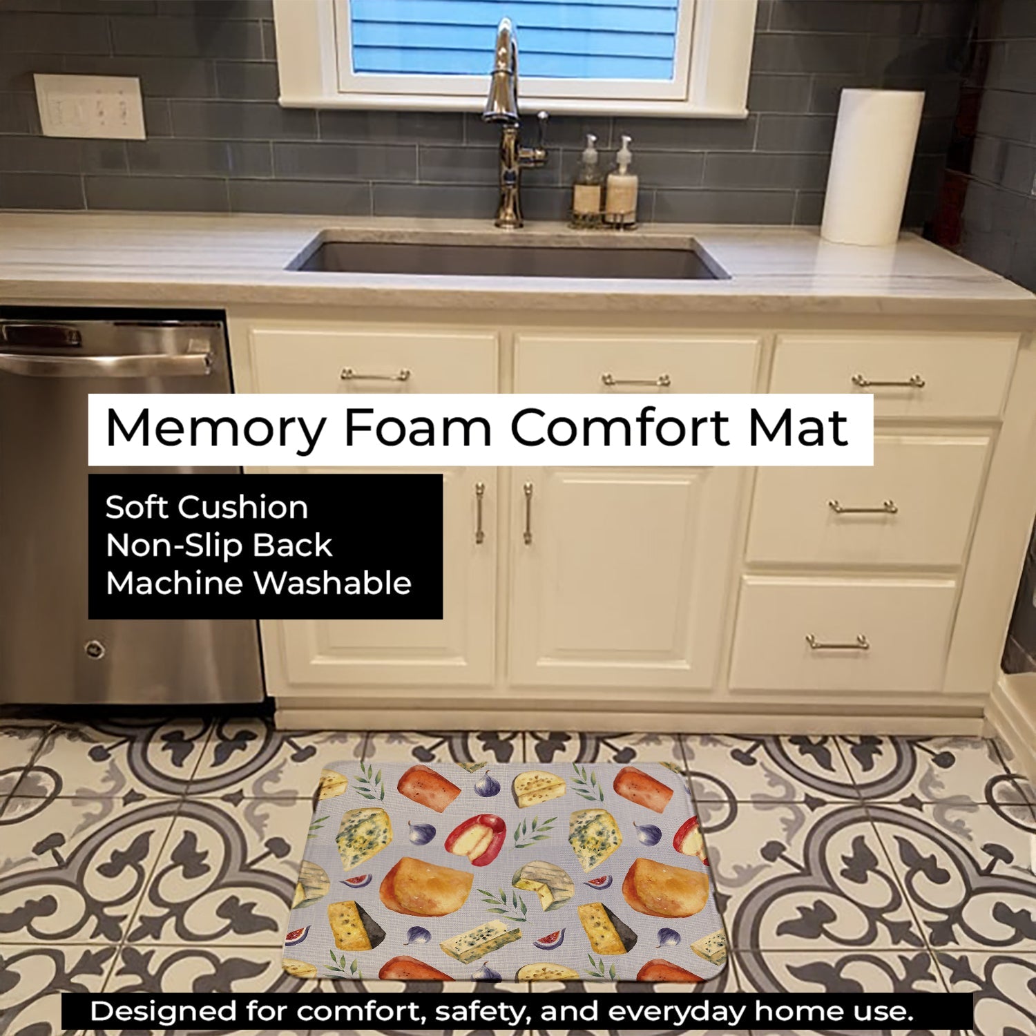 Assortment of Cheeses Memory Foam Kitchen Mat Machine Washable Anti-Fatigue Cushion Comfort Bath or Kitchen Rug