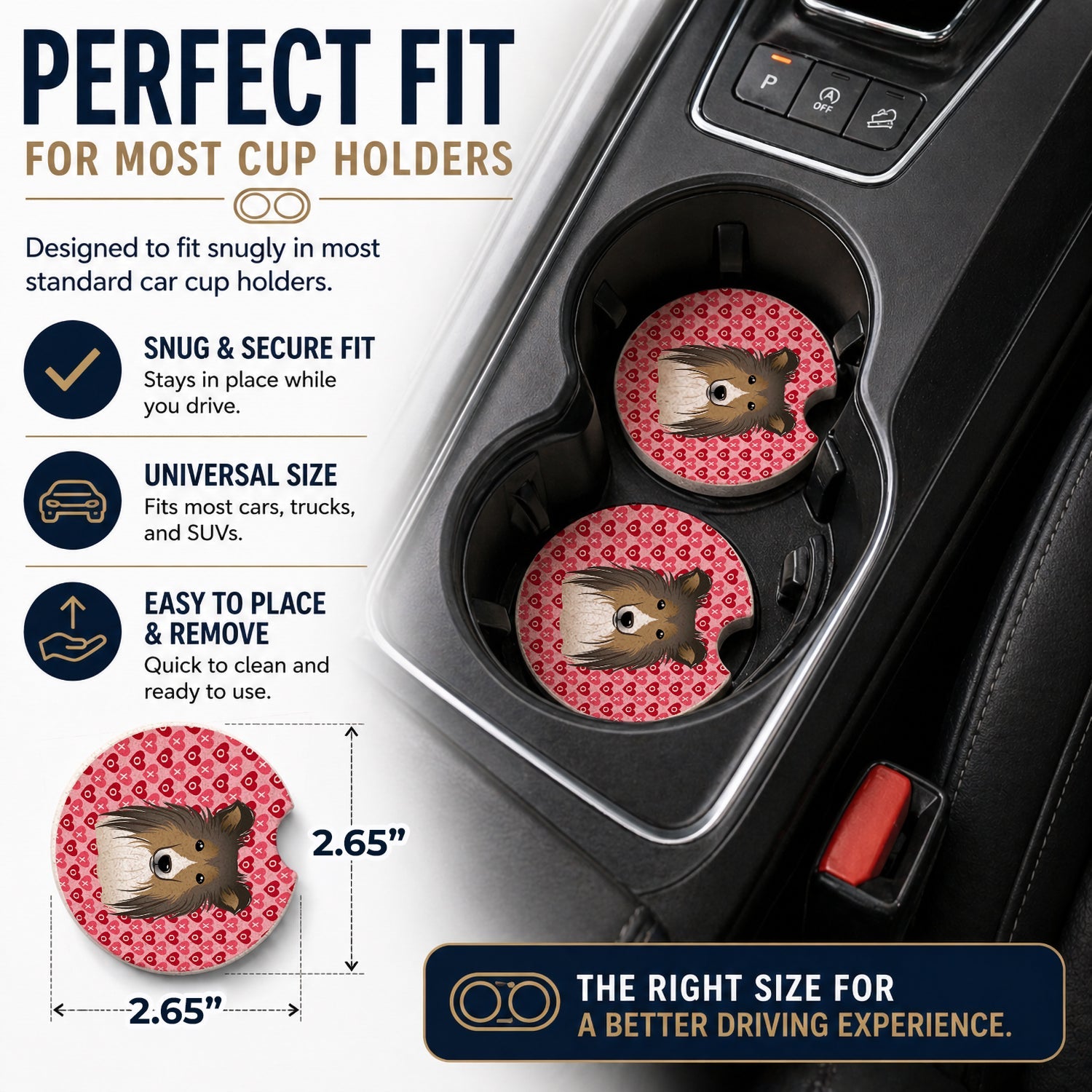 Sheltie Set of 2 Cup Holder Car Coasters Absorbent Round Sandstone Coasters Gifts for Men or Women, 2.5, Multicolor