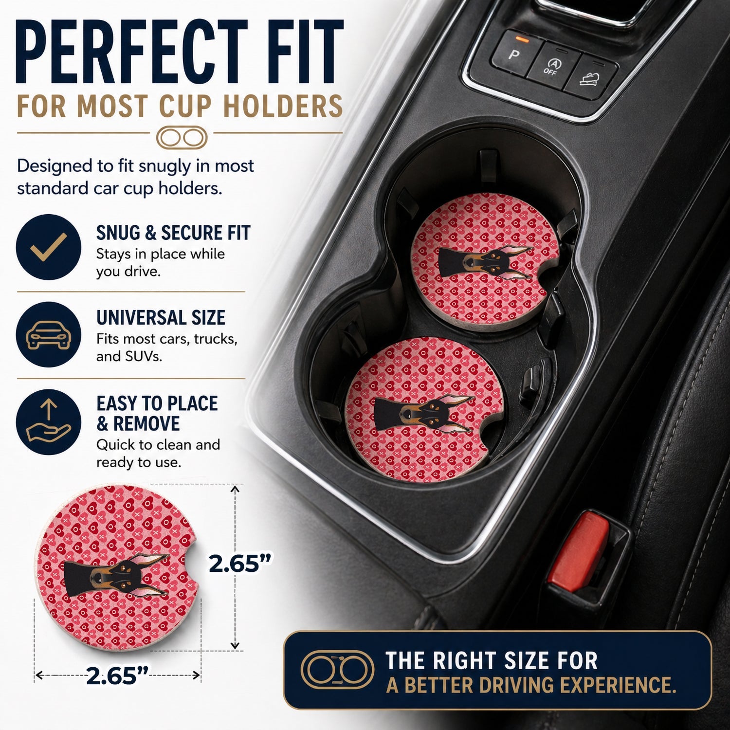 Doberman Pinscher Set of 2 Cup Holder Car Coasters Absorbent Round Sandstone Coasters Gifts for Men or Women, 2.5, Multicolor