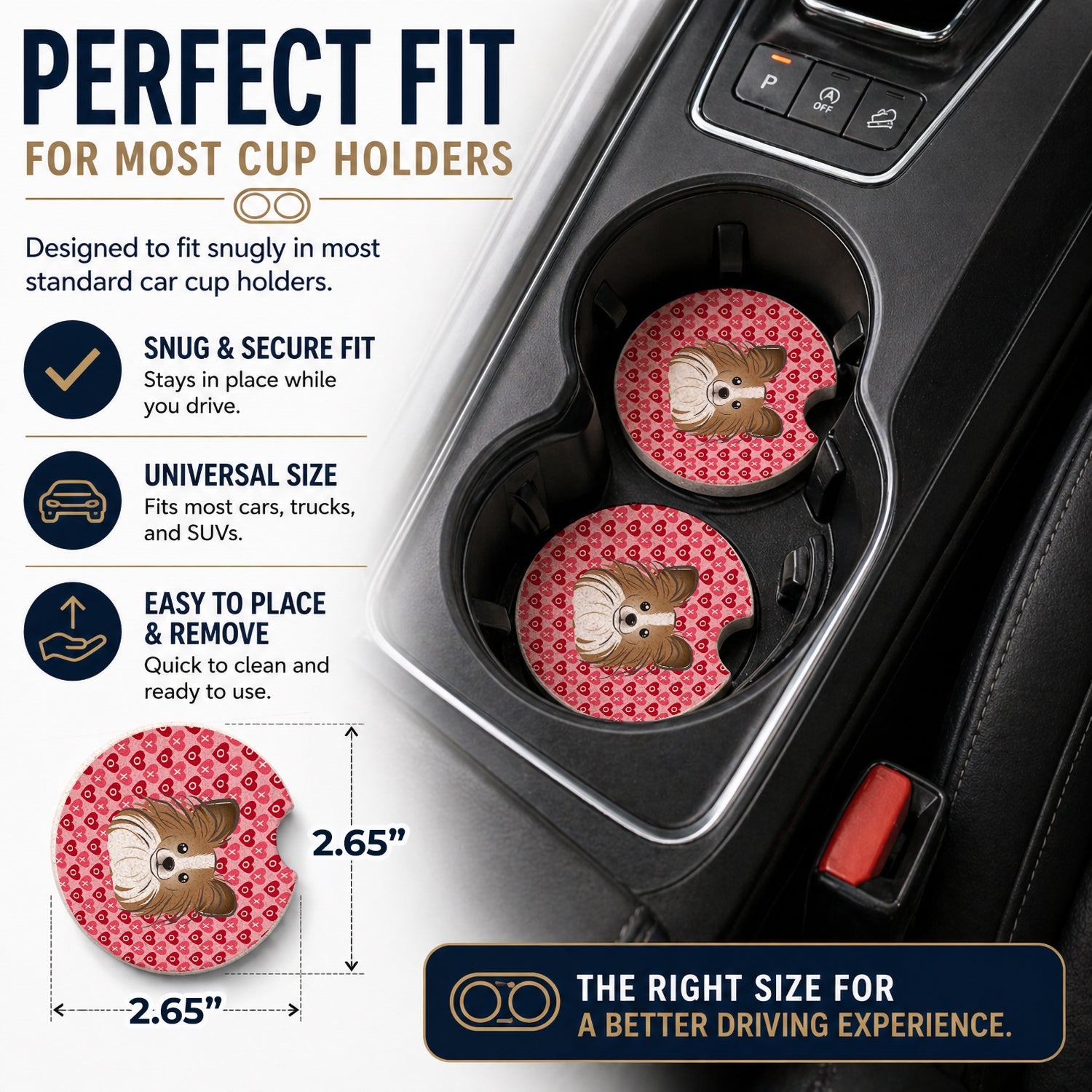 Papillon Set of 2 Cup Holder Car Coasters Absorbent Round Sandstone Coasters Gifts for Men or Women, 2.5, Multicolor