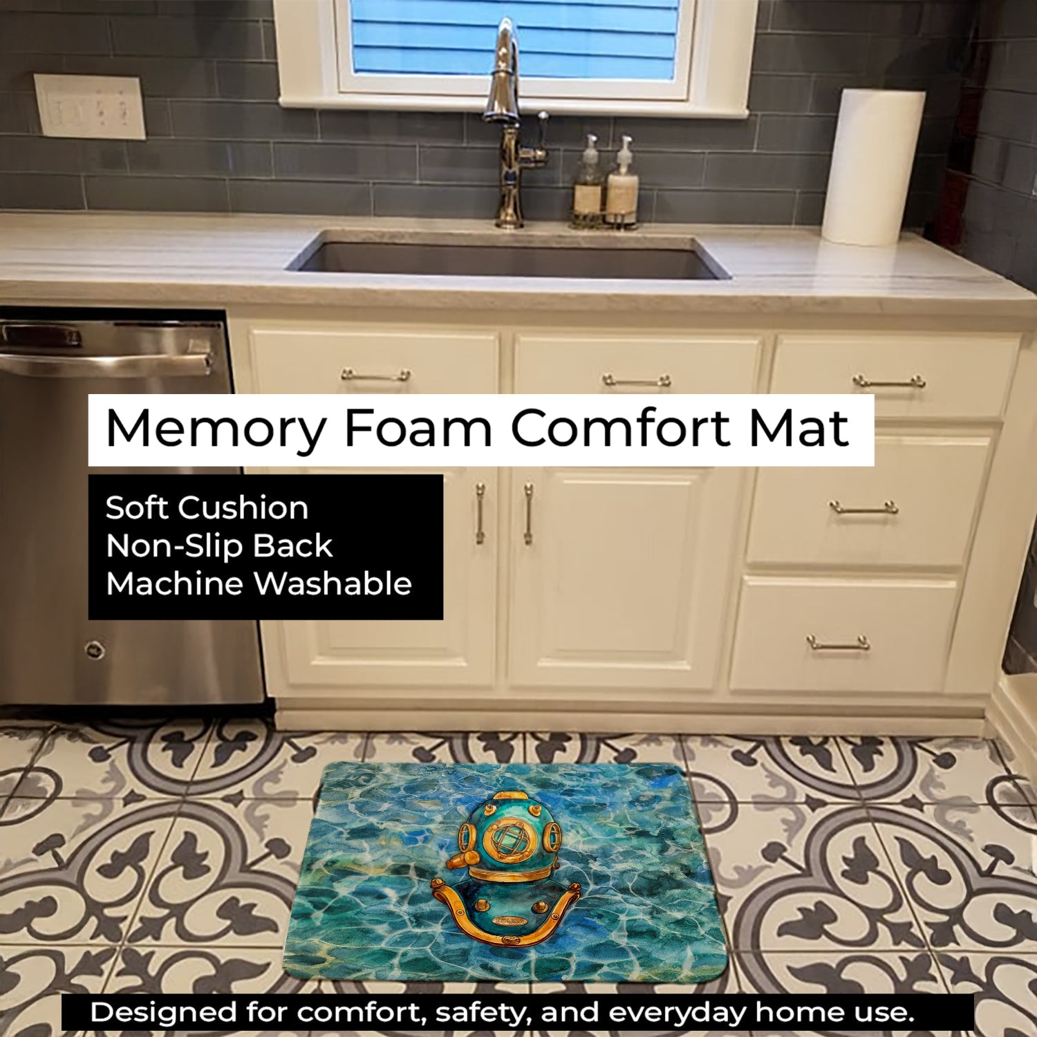 Deep Sea Diving Helmet Memory Foam Kitchen Mat Machine Washable Anti-Fatigue Cushion Comfort Bath or Kitchen Rug