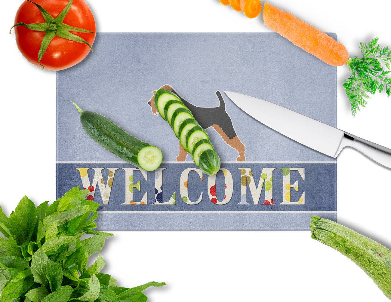 Welsh Terrier Welcome Cutting Board Tempered Glass Kitchen Cutting Surface, Heat Resistant Chopping, Non-Slip Feet, Food Prep & Serving
