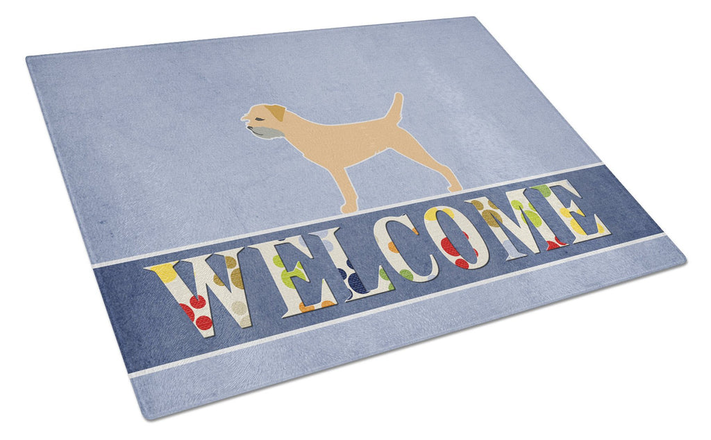 Border Terrier Welcome Cutting Board Tempered Glass Kitchen Cutting Surface, Heat Resistant Chopping, Non-Slip Feet, Food Prep & Serving