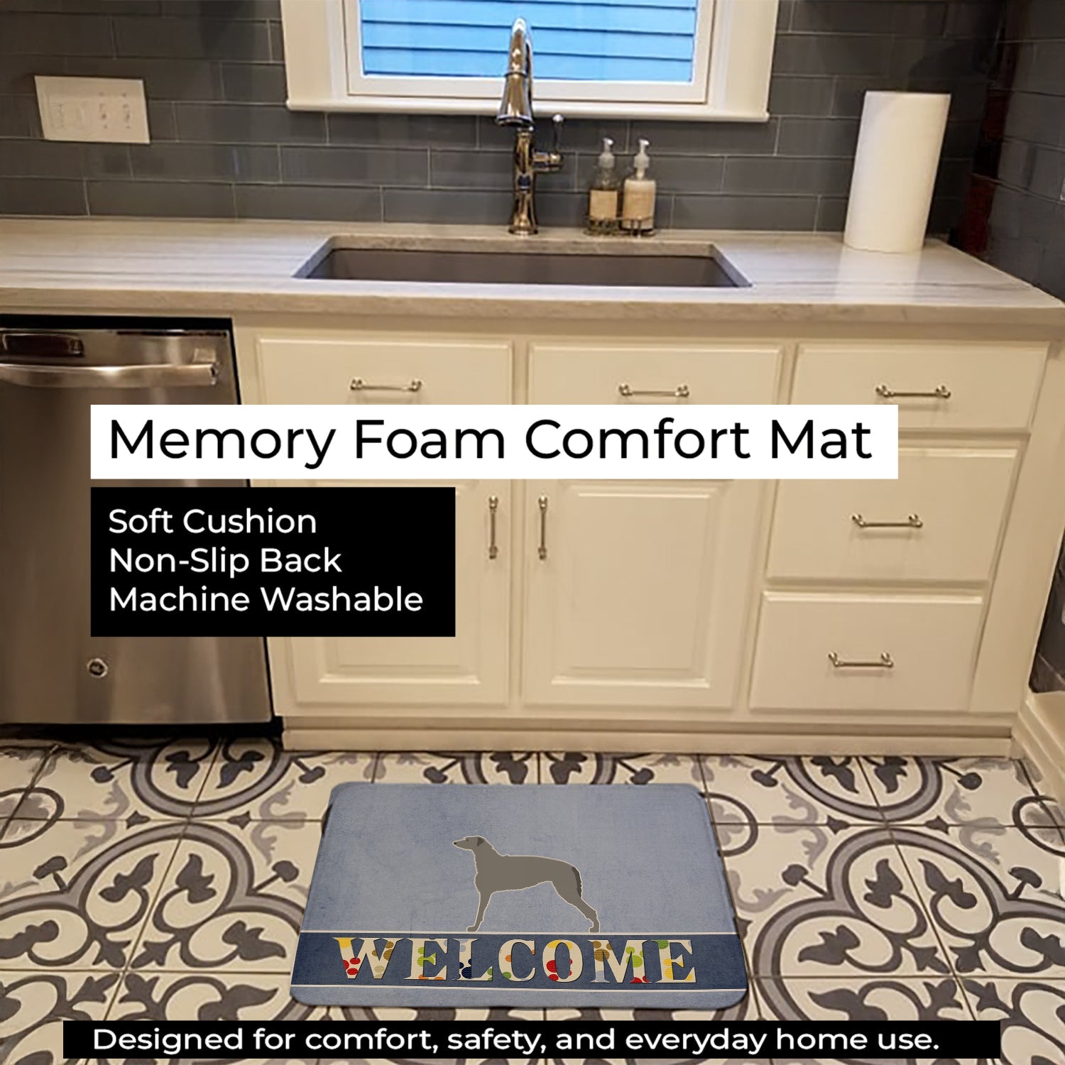 Scottish Deerhound Welcome Memory Foam Kitchen Mat Machine Washable Anti-Fatigue Cushion Comfort Bath or Kitchen Rug