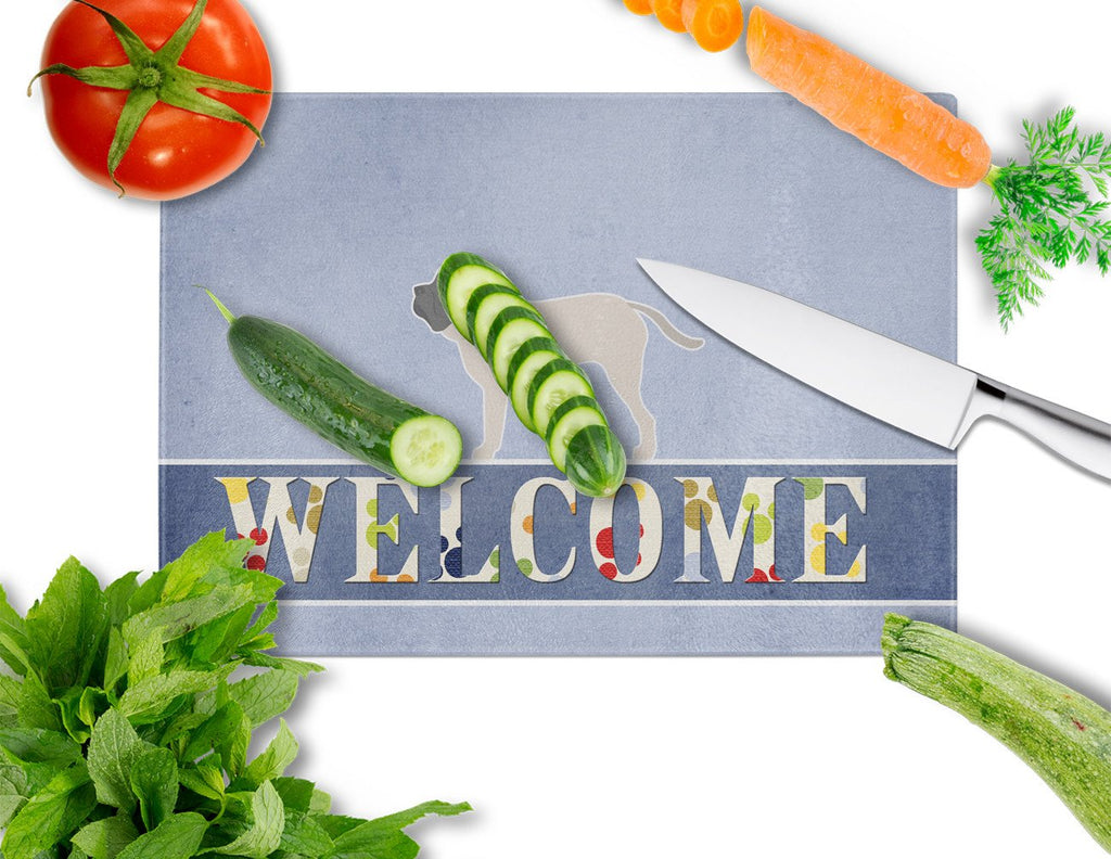 English Mastiff Welcome Cutting Board Tempered Glass Kitchen Cutting Surface, Heat Resistant Chopping, Non-Slip Feet, Food Prep & Serving