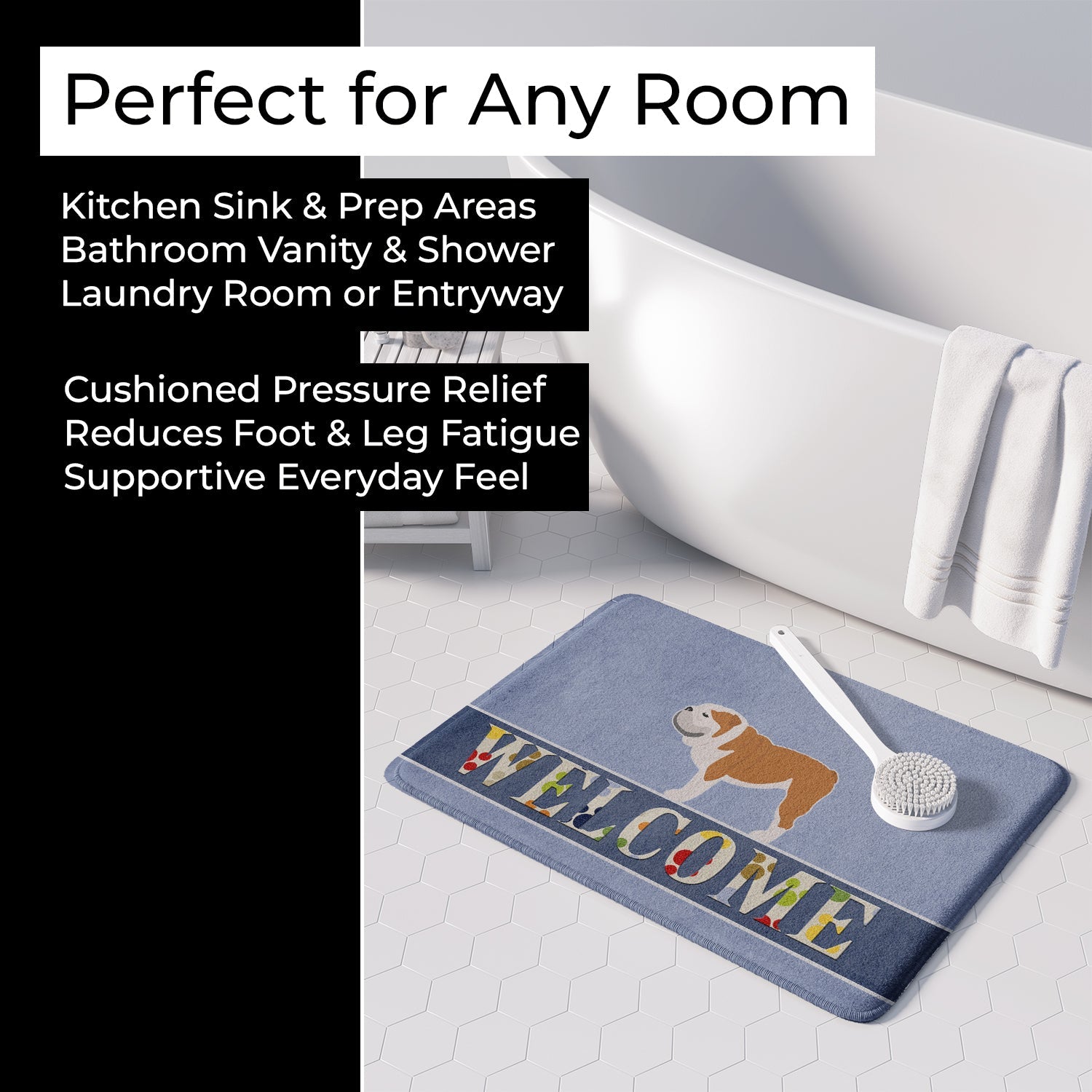 English Bulldog Welcome Memory Foam Kitchen Mat Machine Washable Anti-Fatigue Cushion Comfort Bath or Kitchen Rug