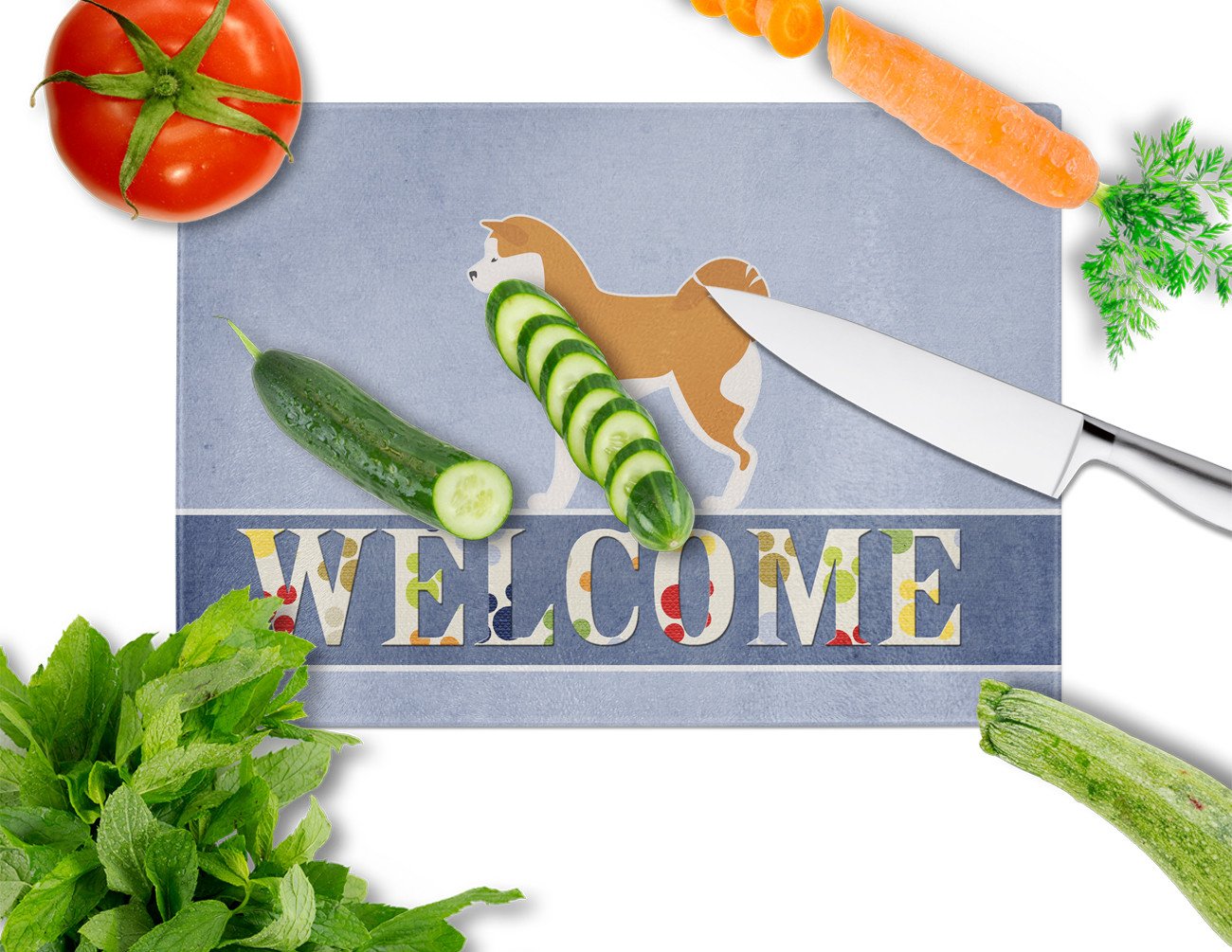 Akita Welcome Cutting Board Tempered Glass Kitchen Cutting Surface, Heat Resistant Chopping, Non-Slip Feet, Food Prep & Serving