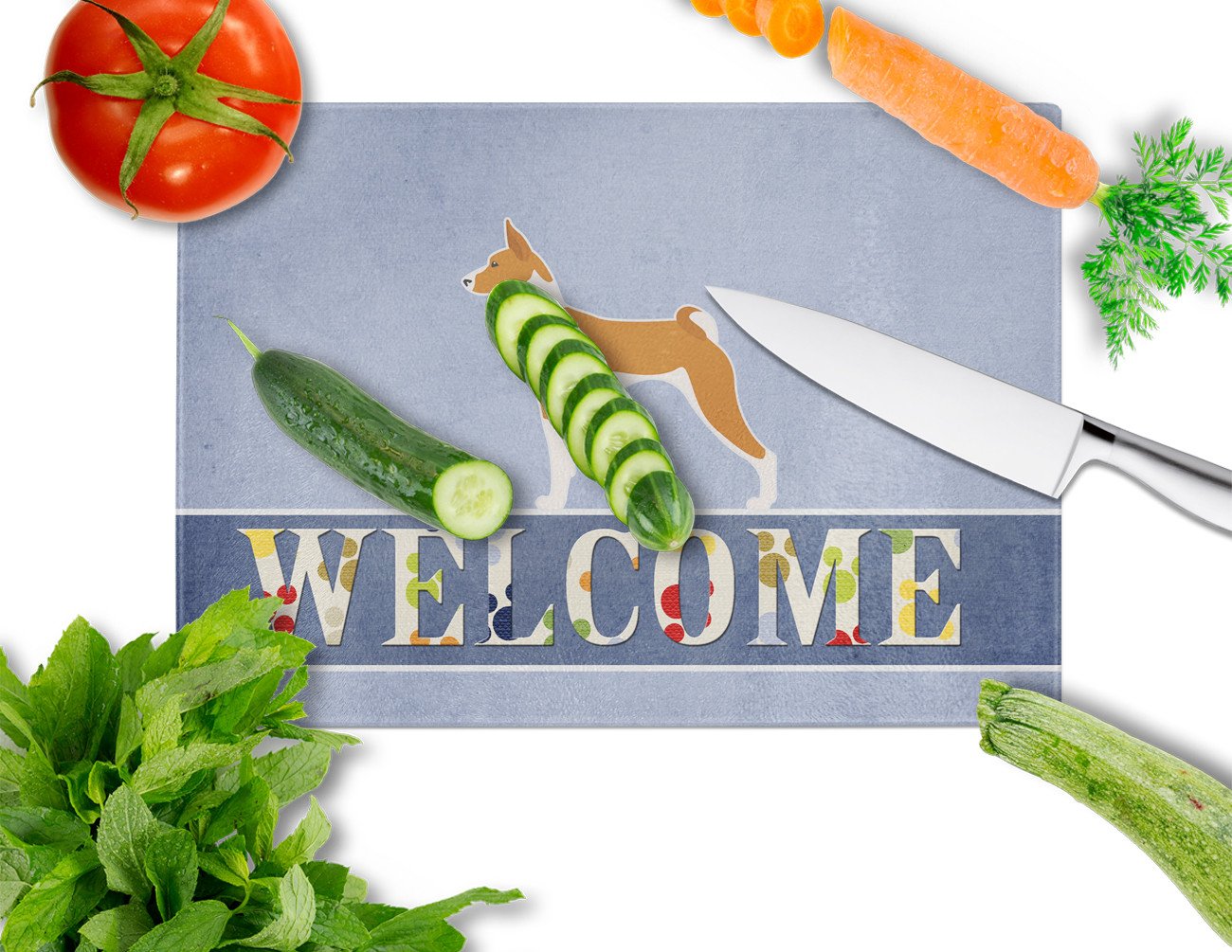 Basenji Welcome Cutting Board Tempered Glass Kitchen Cutting Surface, Heat Resistant Chopping, Non-Slip Feet, Food Prep & Serving