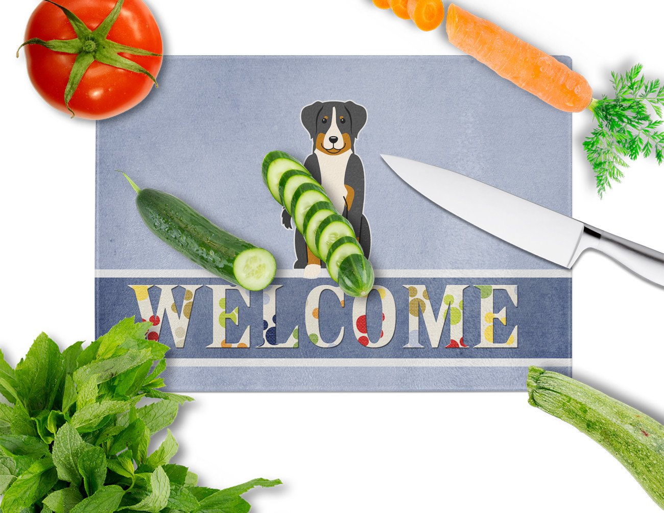 Appenzeller Sennenhund Welcome Cutting Board Tempered Glass Kitchen Cutting Surface, Heat Resistant Chopping, Non-Slip Feet, Food Prep & Serving