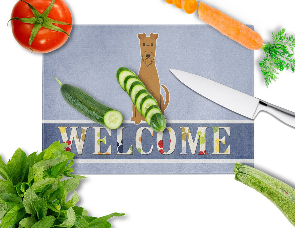 Irish Terrier Welcome Cutting Board Tempered Glass Kitchen Cutting Surface, Heat Resistant Chopping, Non-Slip Feet, Food Prep & Serving