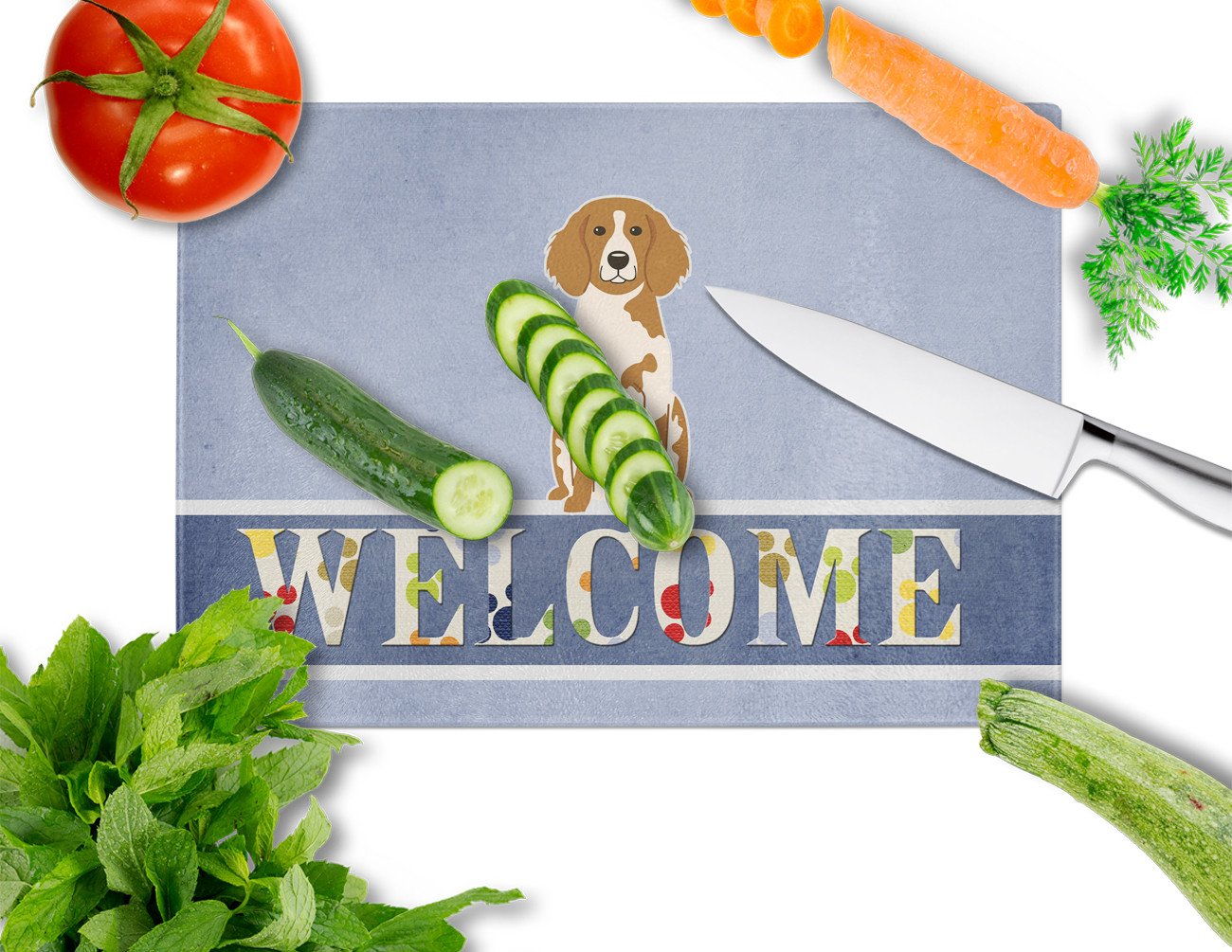 Brittany Spaniel Welcome Cutting Board Tempered Glass Kitchen Cutting Surface, Heat Resistant Chopping, Non-Slip Feet, Food Prep & Serving