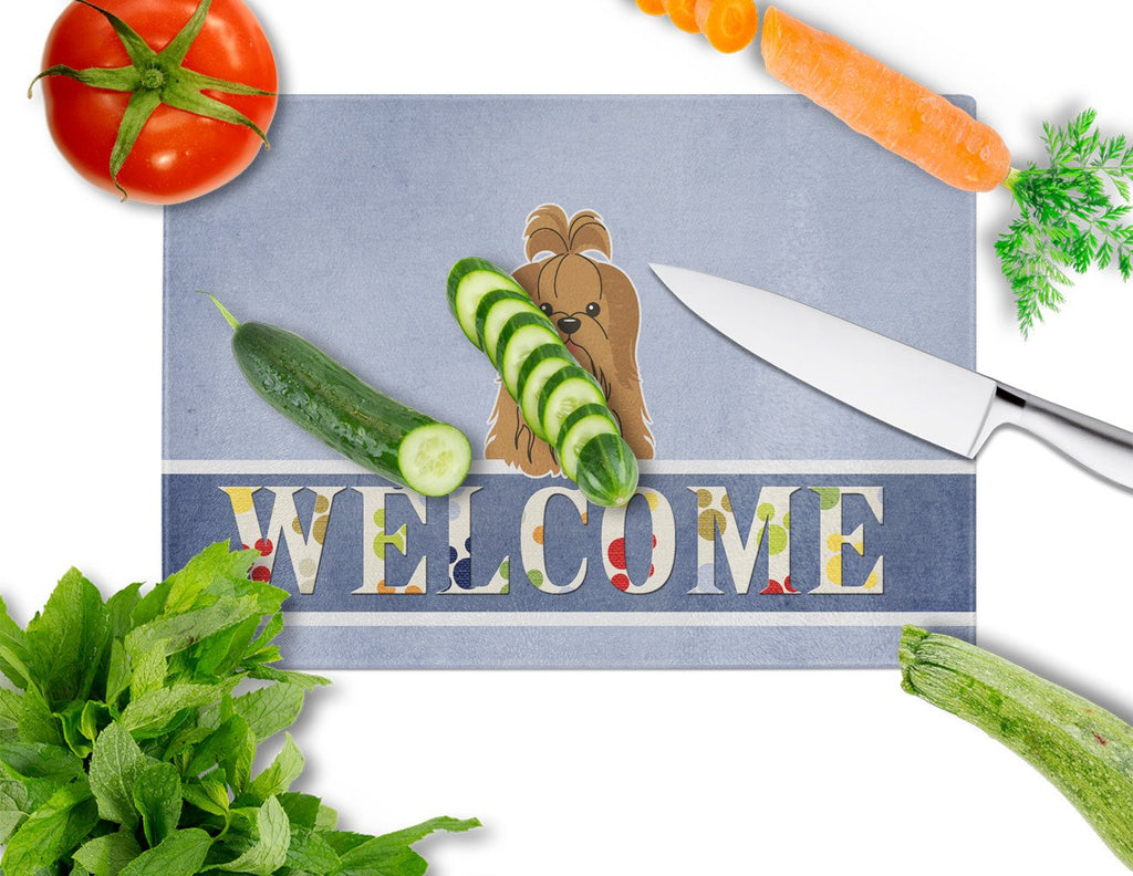 Shih Tzu Silver Chocolate Welcome Cutting Board Tempered Glass Kitchen Cutting Surface, Heat Resistant Chopping, Non-Slip Feet, Food Prep & Serving