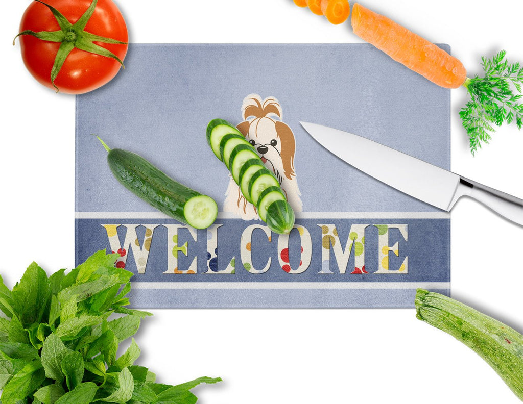 Shih Tzu Red White Welcome Cutting Board Tempered Glass Kitchen Cutting Surface, Heat Resistant Chopping, Non-Slip Feet, Food Prep & Serving