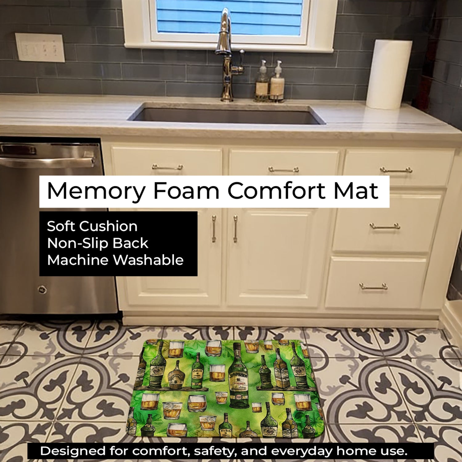 Irish Whiskey Memory Foam Kitchen Mat Machine Washable Anti-Fatigue Cushion Comfort Bath or Kitchen Rug