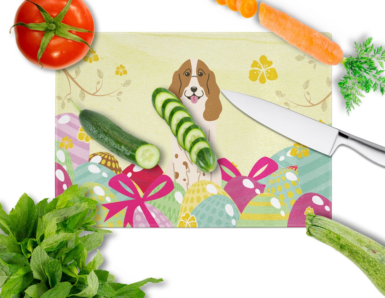 Easter Eggs Russian Spaniel Cutting Board Tempered Glass Kitchen Cutting Surface, Heat Resistant Chopping, Non-Slip Feet, Food Prep & Serving