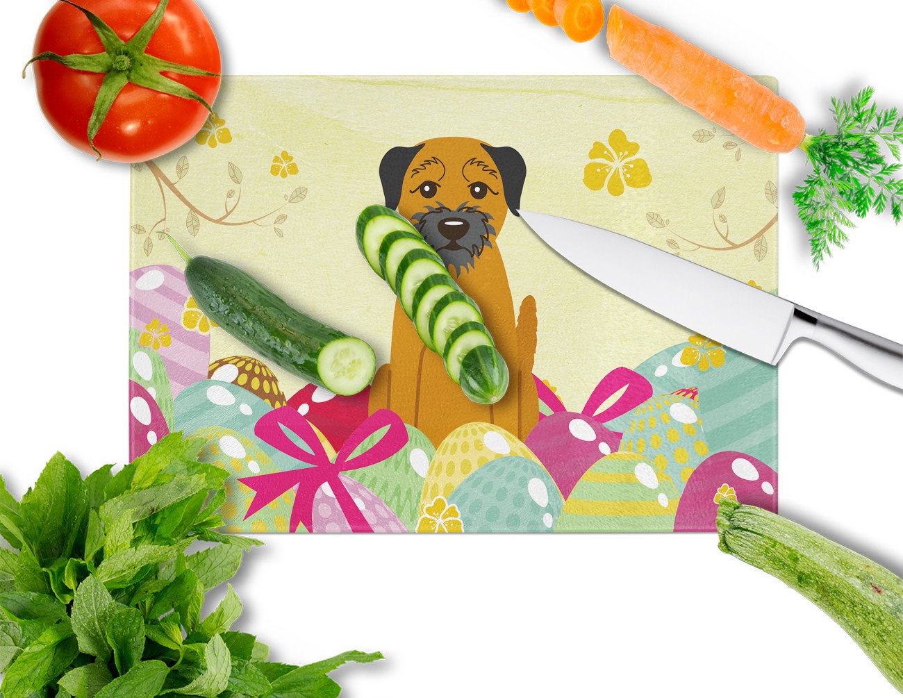 Easter Eggs Border Terrier Cutting Board Tempered Glass Kitchen Cutting Surface, Heat Resistant Chopping, Non-Slip Feet, Food Prep & Serving
