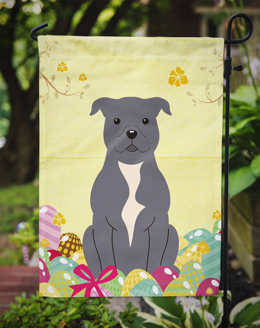Easter Eggs Staffordshire Bull Terrier Blue Garden Flag Mailbox Decorative Yard Banner Outside Patio Artwork for Flower Beds, Garden Size, Multicolor