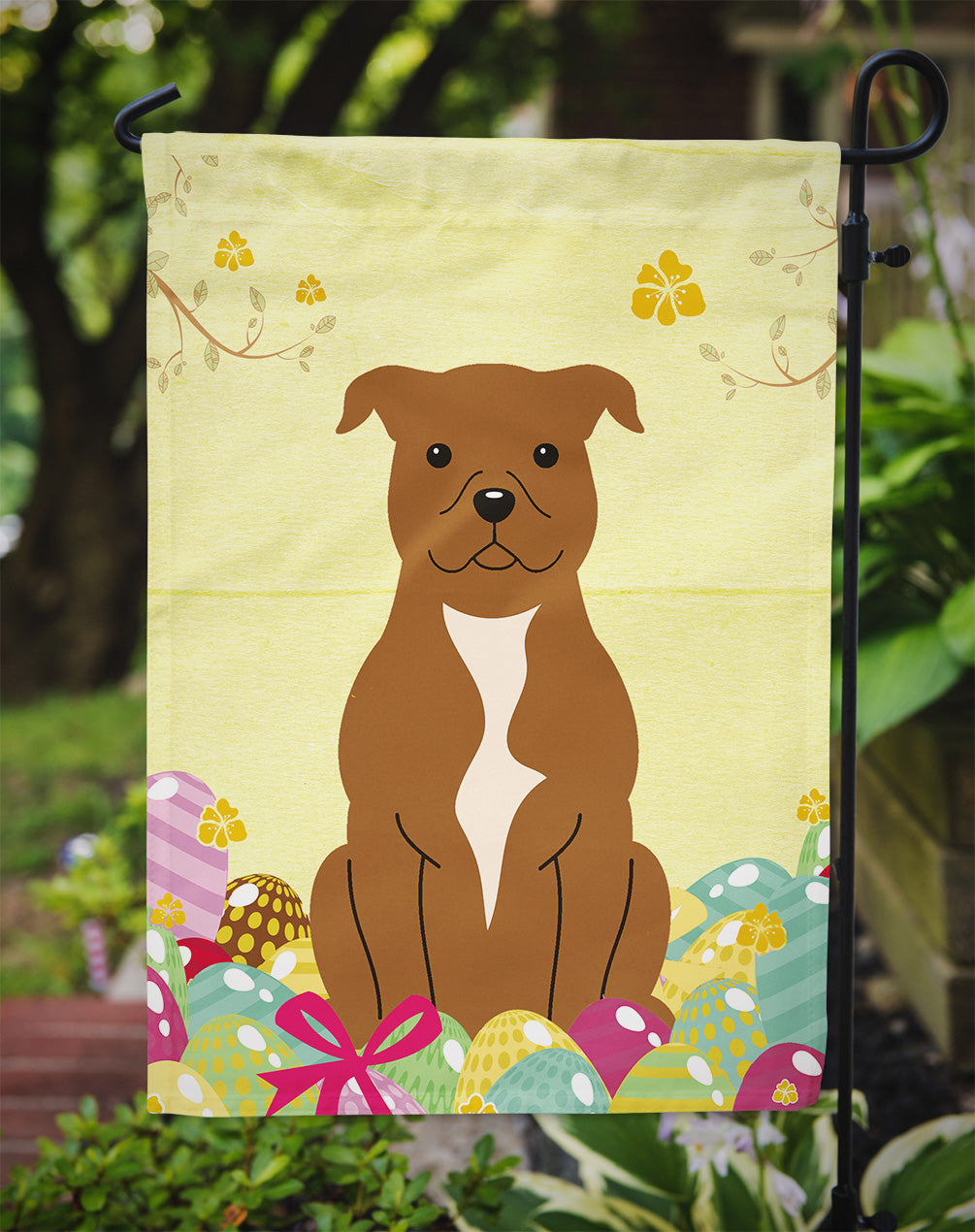Easter Eggs Staffordshire Bull Terrier Brown Garden Flag Mailbox Decorative Yard Banner Outside Patio Artwork for Flower Beds, Garden Size, Multicolor