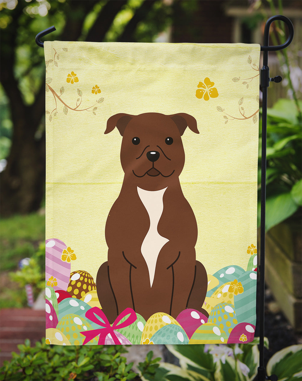 Easter Eggs Staffordshire Bull Terrier Chocolate Garden Flag Mailbox Decorative Yard Banner Outside Patio Artwork for Flower Beds, Garden Size, Multicolor