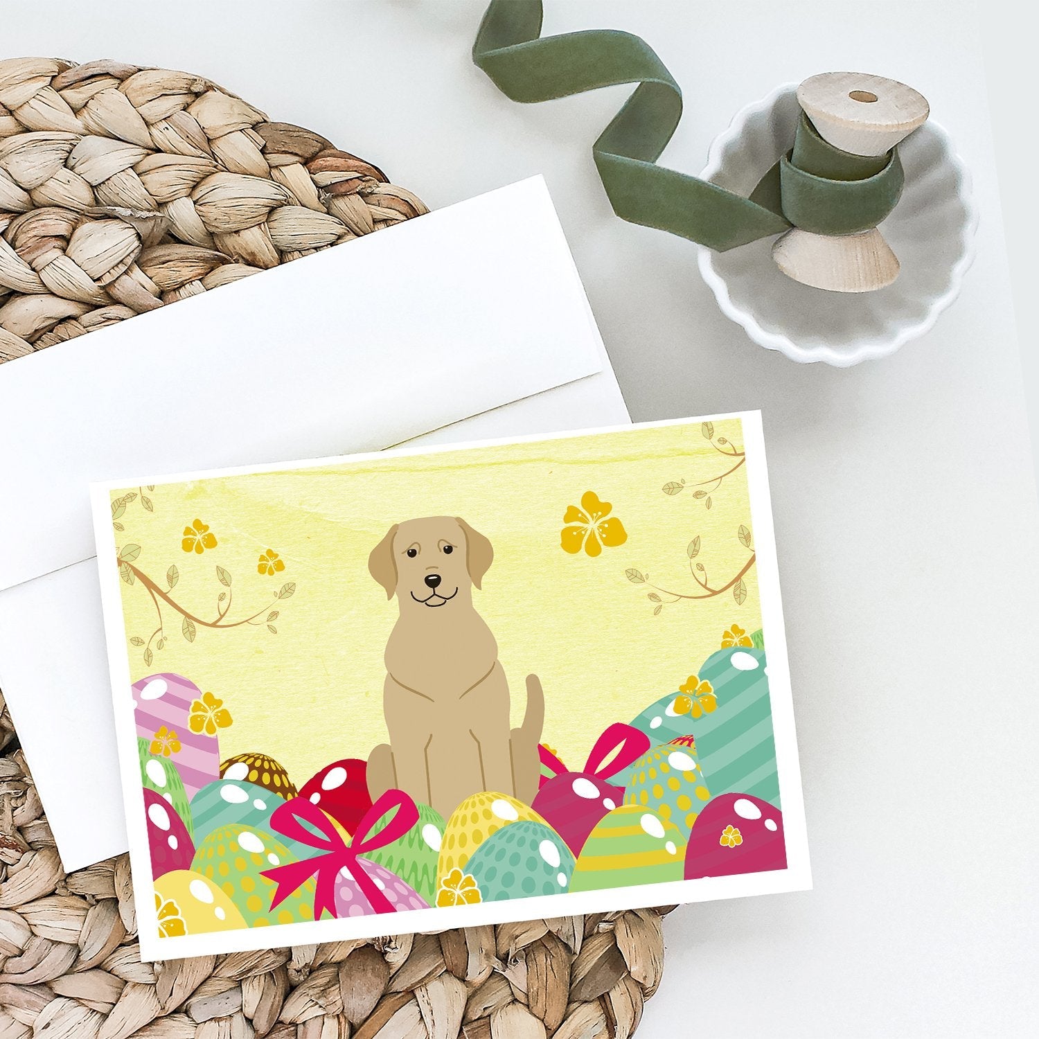 Easter Eggs Yellow Labrador Greeting Cards Pack of 8 Blank Cards with Envelopes Whimsical A7 Size 5x7