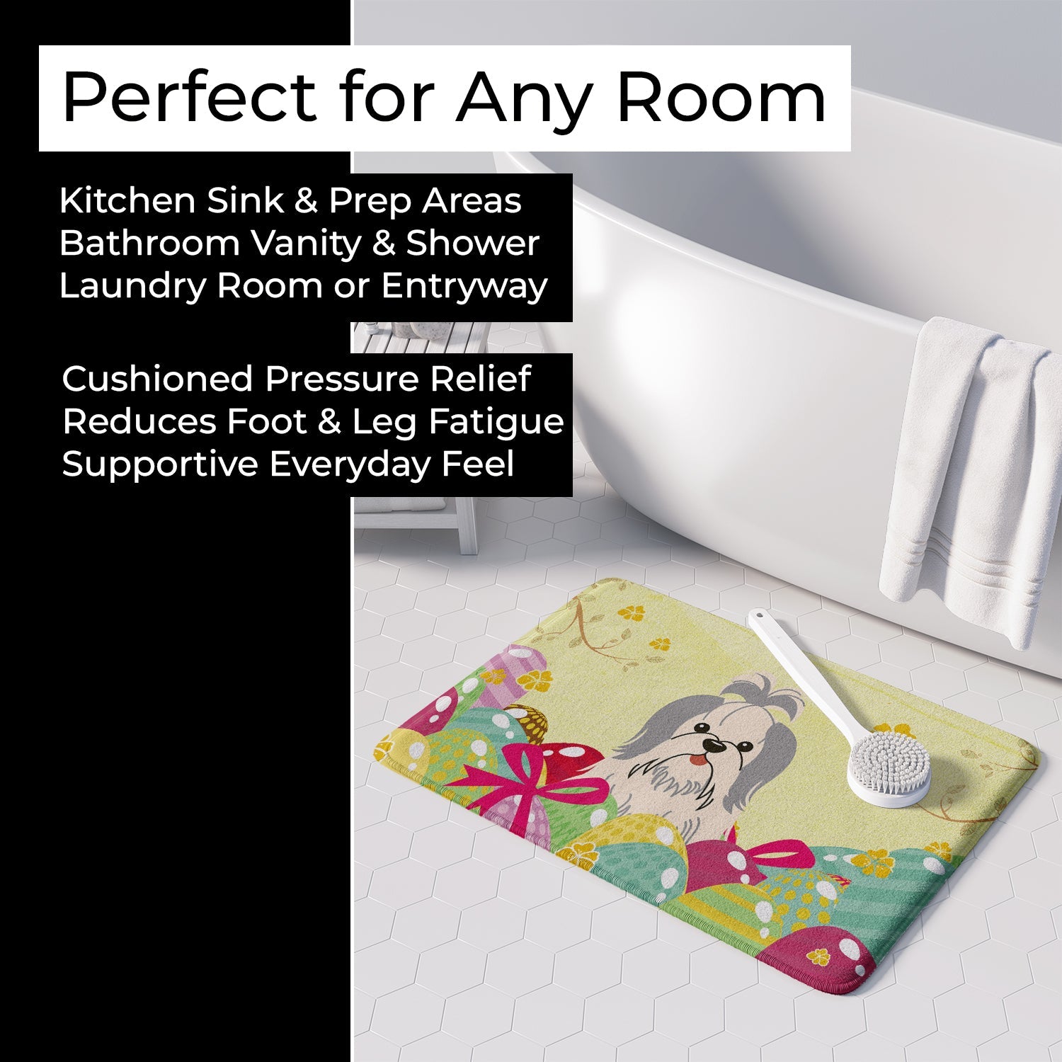 Easter Eggs Shih Tzu Silver White Memory Foam Kitchen Mat Machine Washable Anti-Fatigue Cushion Comfort Bath or Kitchen Rug