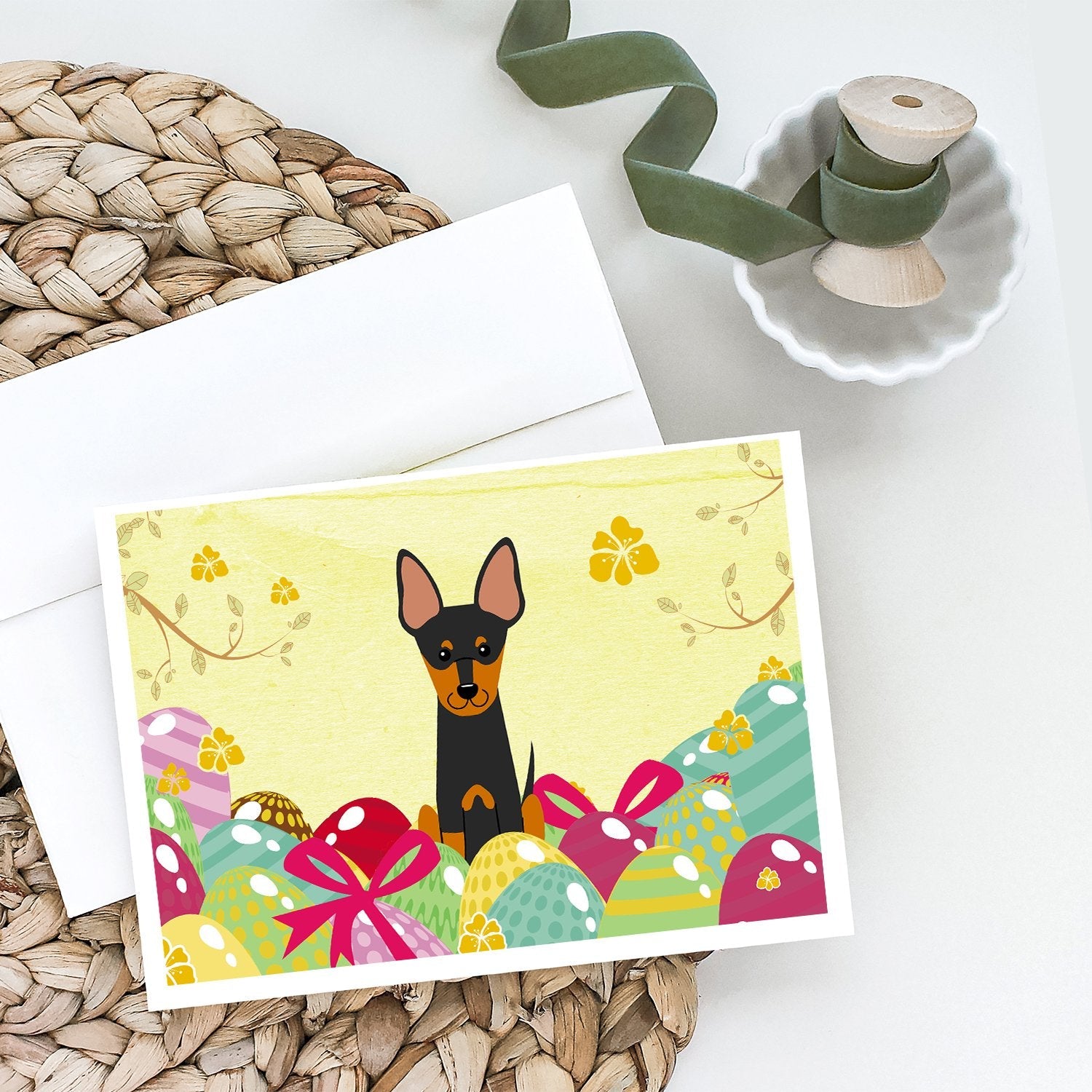 Easter Eggs English Toy Terrier Greeting Cards Pack of 8 Blank Cards with Envelopes Whimsical A7 Size 5x7