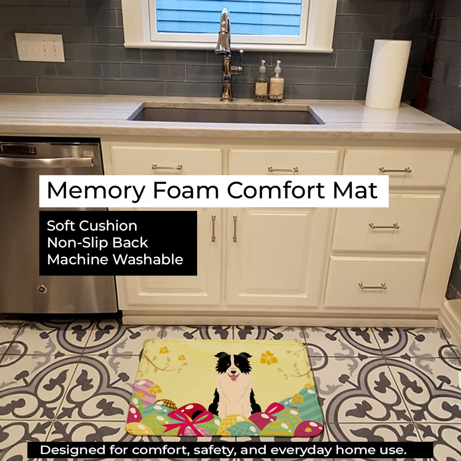 Easter Eggs Border Collie Black White Memory Foam Kitchen Mat Machine Washable Anti-Fatigue Cushion Comfort Bath or Kitchen Rug