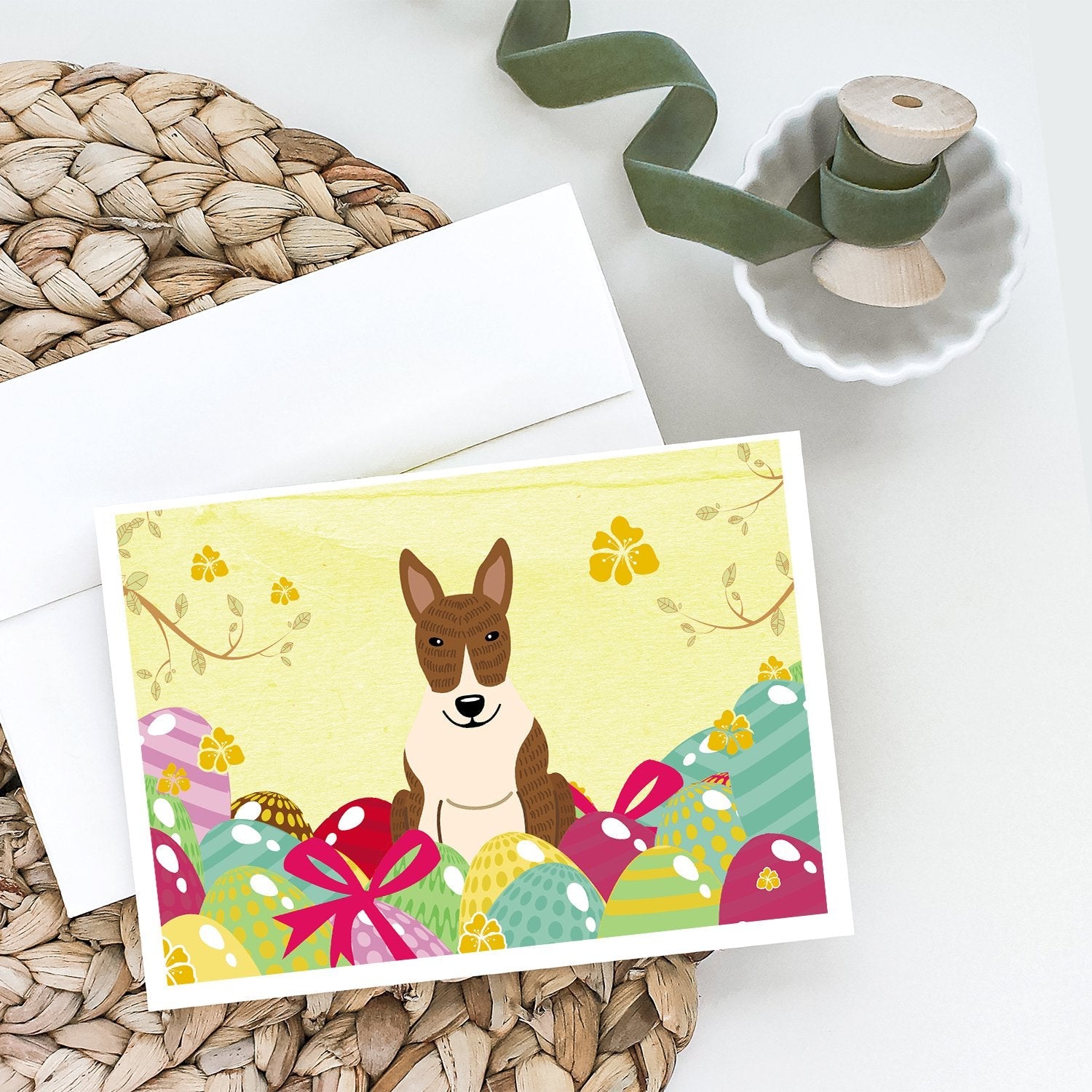 Easter Eggs Bull Terrier Brindle Greeting Cards Pack of 8 Blank Cards with Envelopes Whimsical A7 Size 5x7
